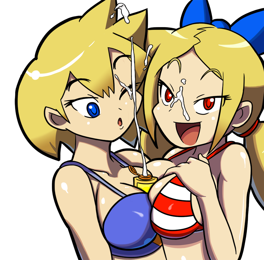 2girls bikini bikini_top blonde_hair blue_eyes bow breast_press breasts cleavage cum_on_face facial females_only hairbow long_hair lotion lotion_bottle low_twintails multiple_girls one_eye_closed open_mouth red_eye red_eyes sexually_suggestive shantae shantae_and_the_pirate's_curse short_hair slow_anon smile smooth_skin suggestive_fluid swimsuit symmetrical_docking transparent_background twintails twitch_(shantae) vinegar_(shantae) wayforward