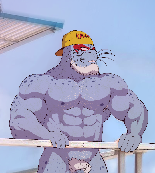 abs anthro beard biceps burrserk clothing facial_hair genitals hat headgear headwear male male_only mammal muscular muscular_anthro muscular_male my_hero_academia nipples pecs penis pubes selkie_(my_hero_academia) solo summer teeth whiskers