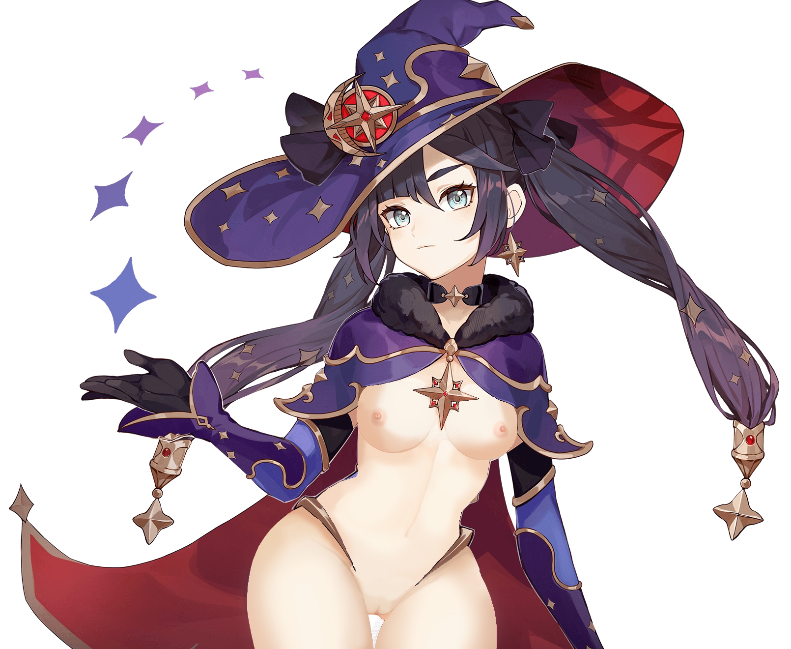 breasts, collar, detached sleeves, edit, female, female focus, female only, genshin impact, mona (genshin impact), pussy, thick thighs, thigh gap, turquoise eyes, twintails, witch hat
