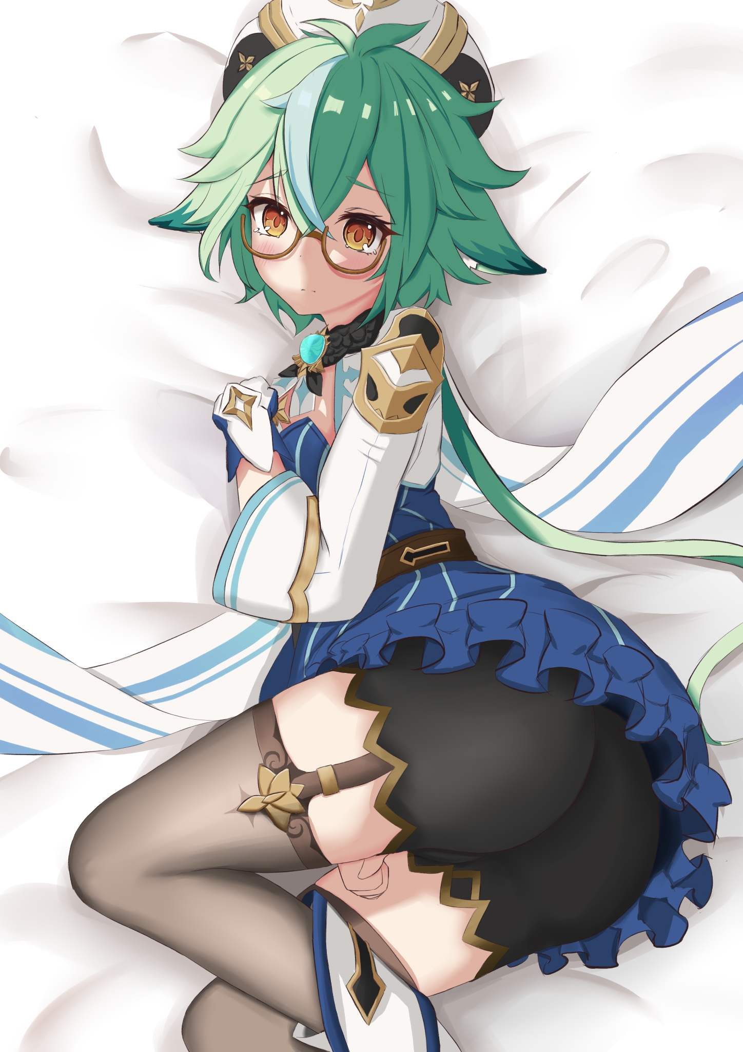 amber eyes, ass, blush, cat ears, embarrassed, female, female focus, female only, garter belt, genshin impact, glasses, green hair, hair ears, looking at viewer, luochao0524, on bed, ponytail, shy, skirt, sucrose (genshin impact), upskirt