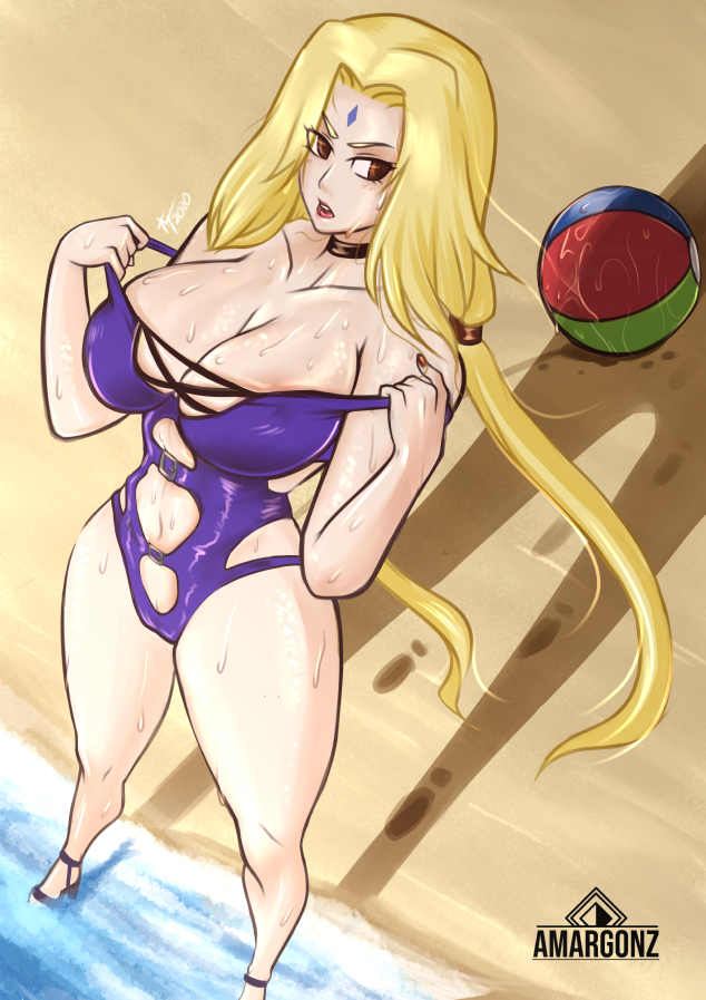 1girls amargonz bare_shoulders beach big_breasts blonde_hair breasts brown_eyes cameltoe curvy facial_mark female female_only footwear forehead_mark heels hourglass_figure large_breasts lipstick long_hair makeup nail_polish naruto naruto_(series) naruto_shippuden sand sweat sweatdrop sweating swimsuit tied_hair tsunade twintails undressing water wide_hips