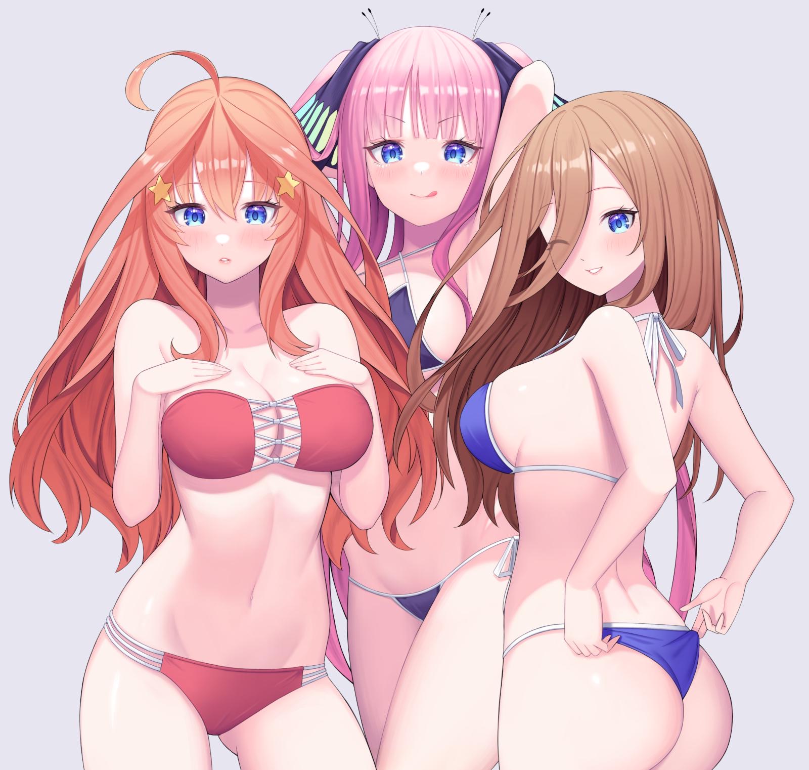 3girls, brown hair, eyebrows visible through hair, female, female only, go-toubun no hanayome, light skin, light-skinned female, nakano itsuki, nakano miku, nakano nino, pose, siblings, sisters, swimsuit, unknown artist