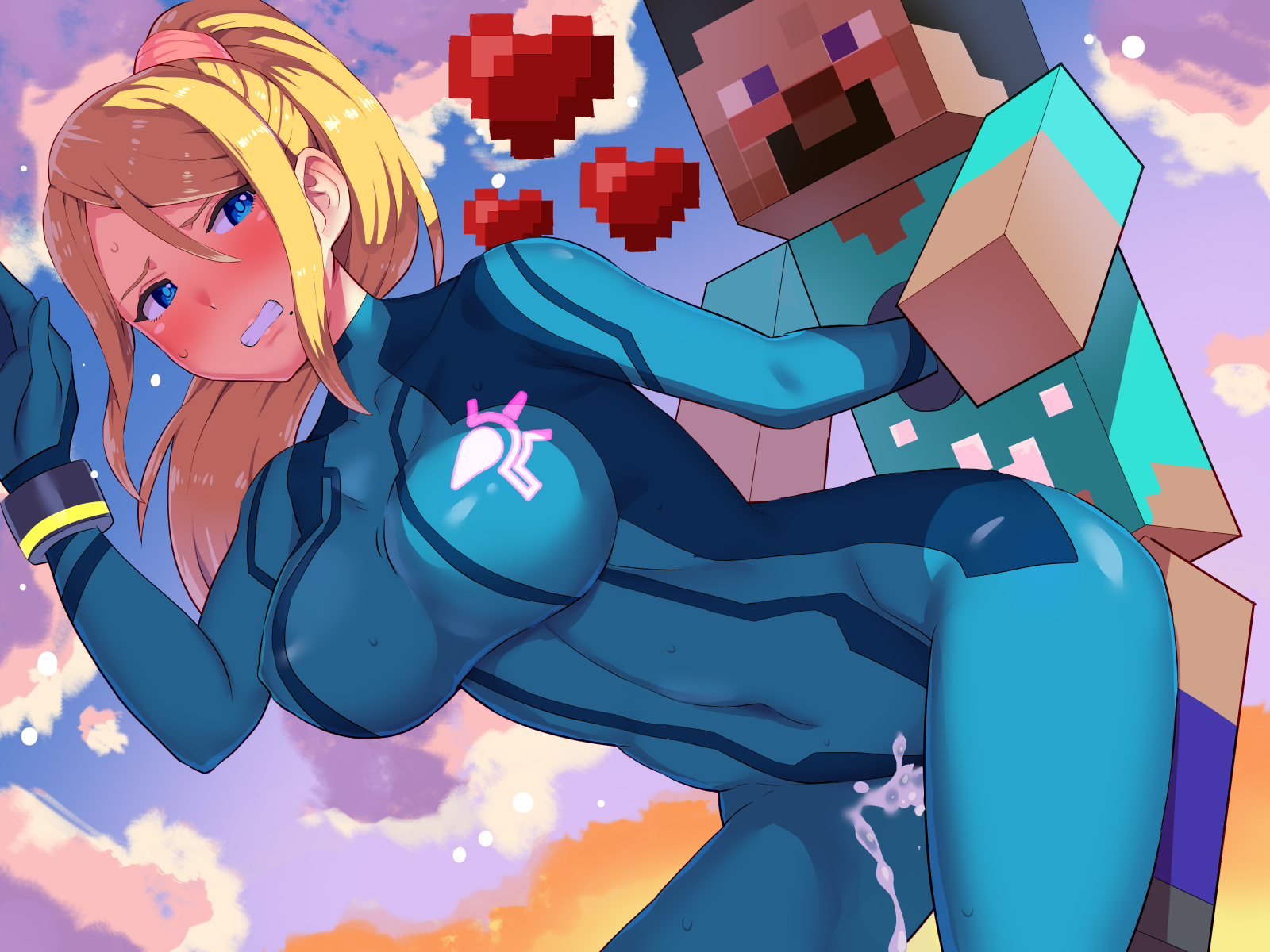 1boy, 1girls, big breasts, blonde hair, blue eyes, blush, boris (noborhys), breasts, clenched teeth, cum, cum inside, female, male, metroid, minecraft, mole, mole under mouth, nintendo, pussy, samus aran, sex, steve (minecraft), straight, super smash bros., super smash bros. ultimate, vaginal penetration, zero suit, zero suit samus
