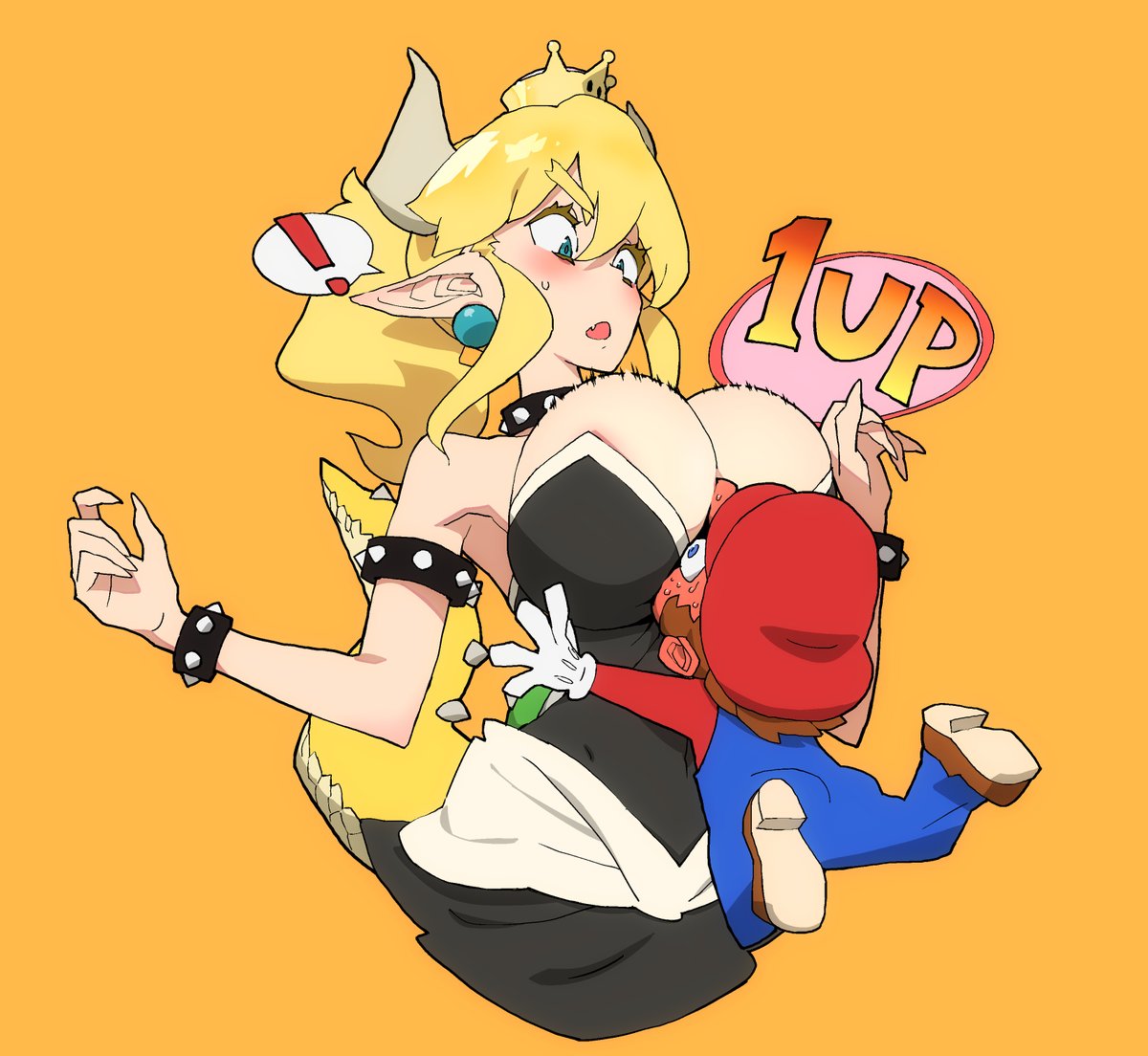 !, 1boy, 1girls, 1up, big breasts, blonde hair, blue eyes, blush, bowsette, breasts, cleavage, clothing, earrings, female, head on breasts, horns, long hair, male, mario, mario (series), new super mario bros. u deluxe, nintendo, oombstr, orange background, pointy ears, ponytail, red face, rule 63, size difference, spiked armlet, spiked bracelet, spiked collar, super crown, super mario bros., sweat, tail
