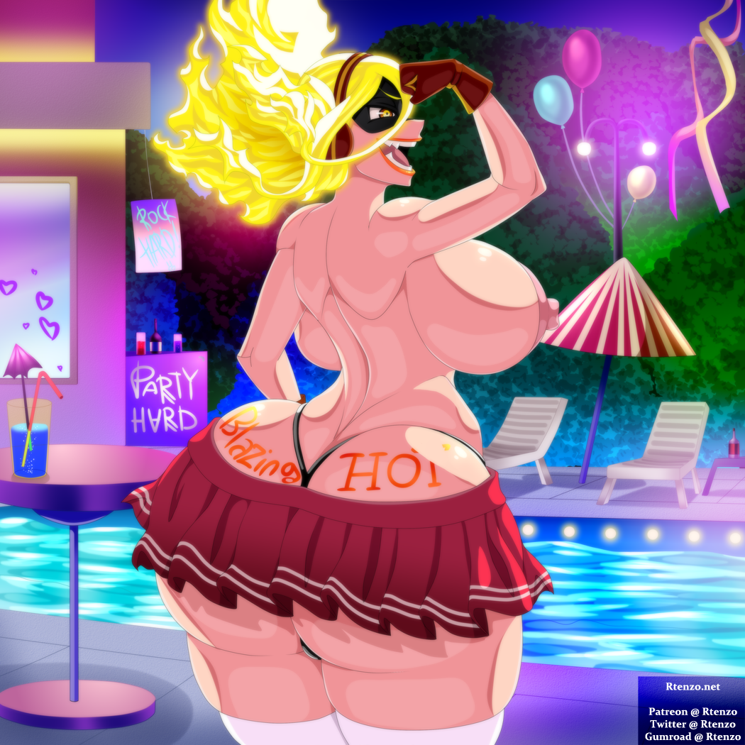 areola areolae ass_tattoo big_ass big_breasts big_butt burnin_(my_hero_academia) ero-enzo g-string gloves kamiji_moe lipstick moe_kamiji my_hero_academia nipples pool poolside seductive skirt tattoo text_tattoo thick_thighs thong water yellow_hair