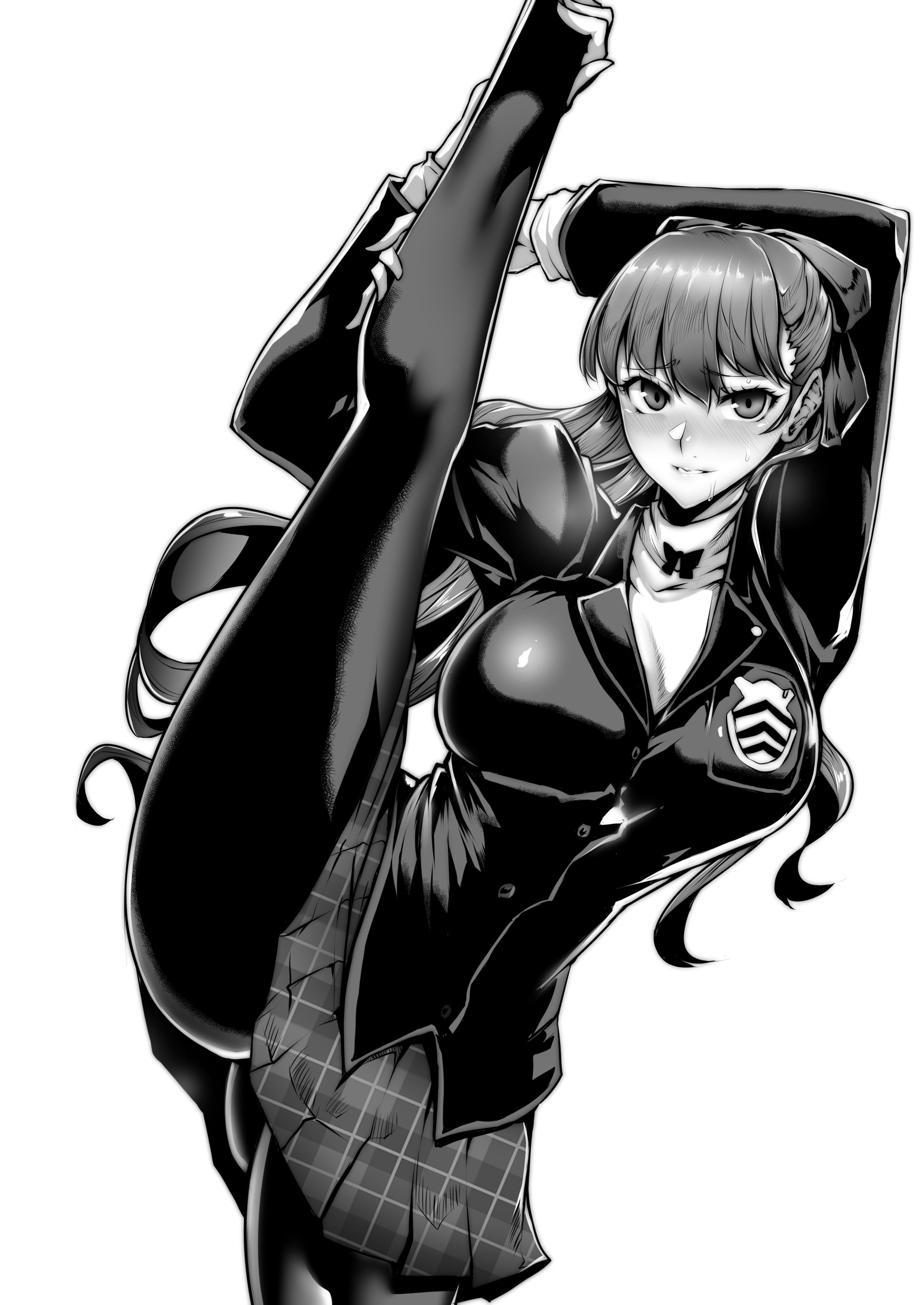 big breasts, blush, breasts, female, gggg, hair ribbon, kasumi yoshizawa, leg grab, legs up, musk, musk clouds, musky, persona, persona 5, persona 5 royal, school uniform, skirt, smell, smelly, steam, steamy, sumire yoshizawa, sweat, sweatdrop, sweating, sweaty, tagme, thick thighs, tight clothing