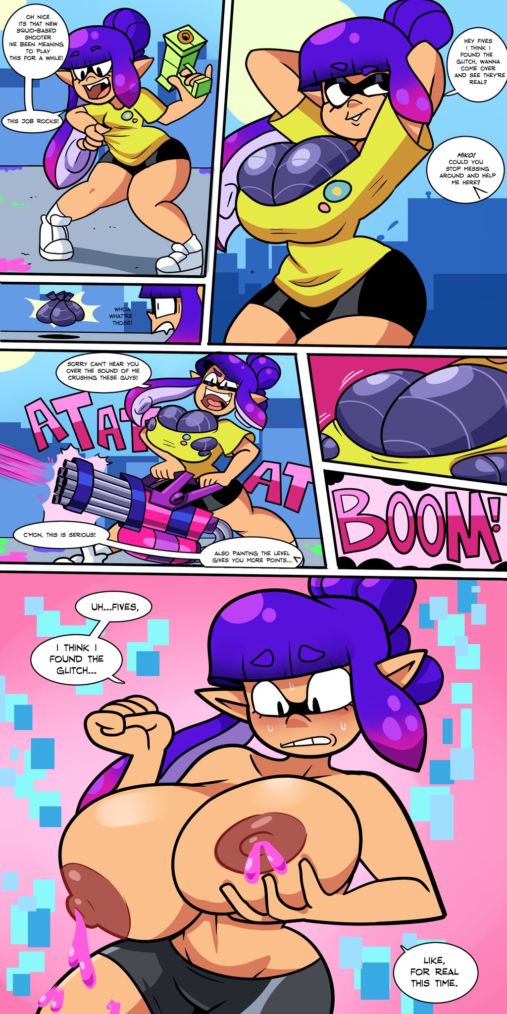 alternate_breast_size bicycle_shorts big_breasts booty_shorts breast_expansion breasts_bigger_than_head comic english_text female female_only glitch_techs huge_breasts hyper_breasts inkling inkling_girl lactating lactating_ink lactation large_breasts miko_kubota nintendo splatoon superspoe text thick_thighs tight_clothing torn_clothes transformation unusual_lactation