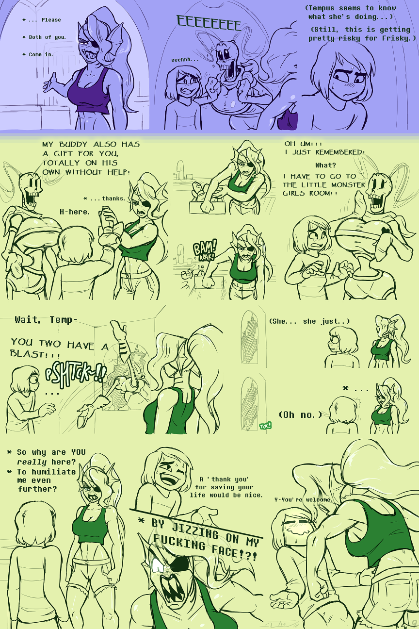 angry breasts comic english_text frisk frisky_(under(her)tail) nokyel_(under(her)tail) page_9 papyrus sharp_teeth skeleton sketch tempus_(under(her)tail) text thewill under(her)tail undertale undertale_fanfiction undyne