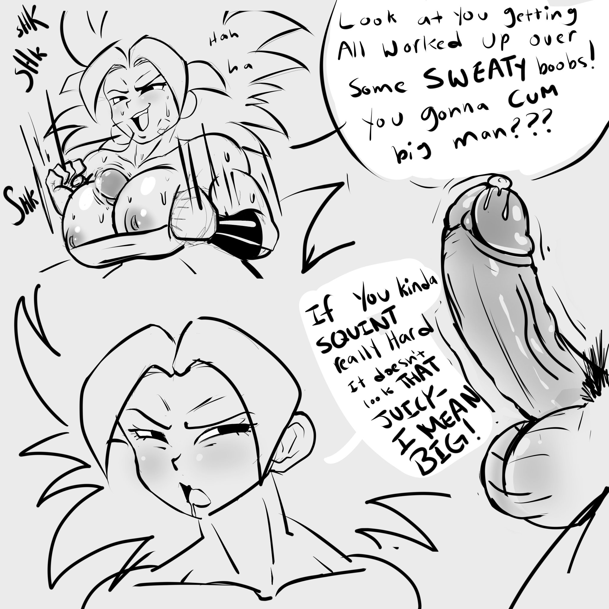 breasts, caulifla, dialogue, dragon ball, dragon ball super, drooling, english text, faceless male, female, female saiyan, large breasts, male, monochrome, musk, musk clouds, musky, nipples, outercourse, paizuri, pseudocel, saiyan, smell, smelly, steam, steamy, sweat, sweatdrop, sweating, sweaty, text, universe 6 saiyan/universe 7 saiyan, universe 6/universe 7