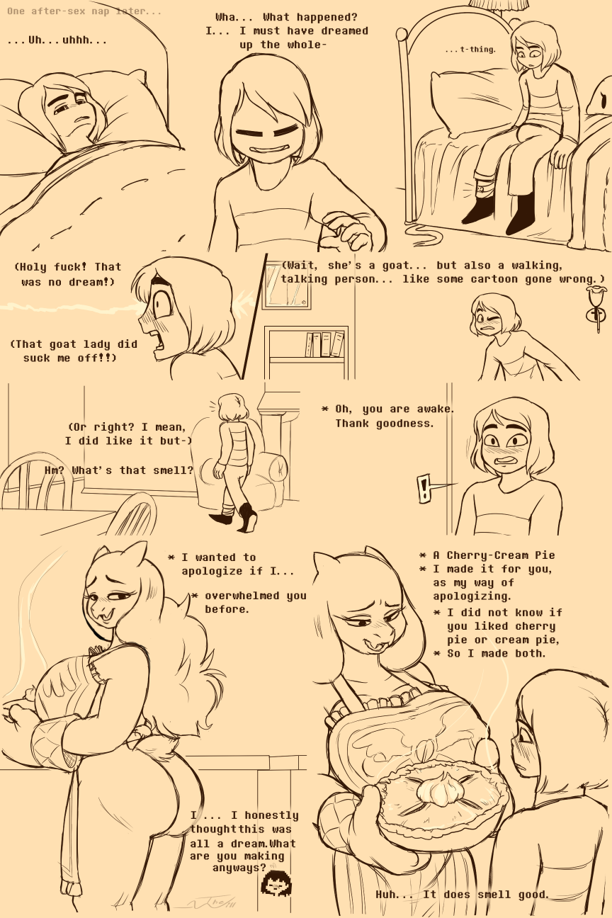 1boy 1girls anthro apron breasts comic duo english_text female food frisk frisky_(under(her)tail) horns male naked_apron nipple_bulge pie sketch text thewill toriel tutori_(under(her)tail) under(her)tail undertale undertale_fanfiction