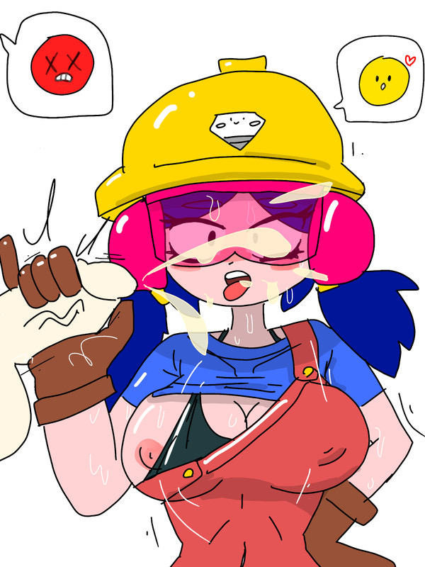 belly button, black bra, bra, brawl stars, breasts, cum, ejaculation, female, gloves, handjob, jacky (brawl stars), male, nip slip, nipple slip, nipples, overalls, penis, pink-tinted eyewear, tinted eyewear, upper body, veiny, veiny penis, visor, wht9h-nsfw