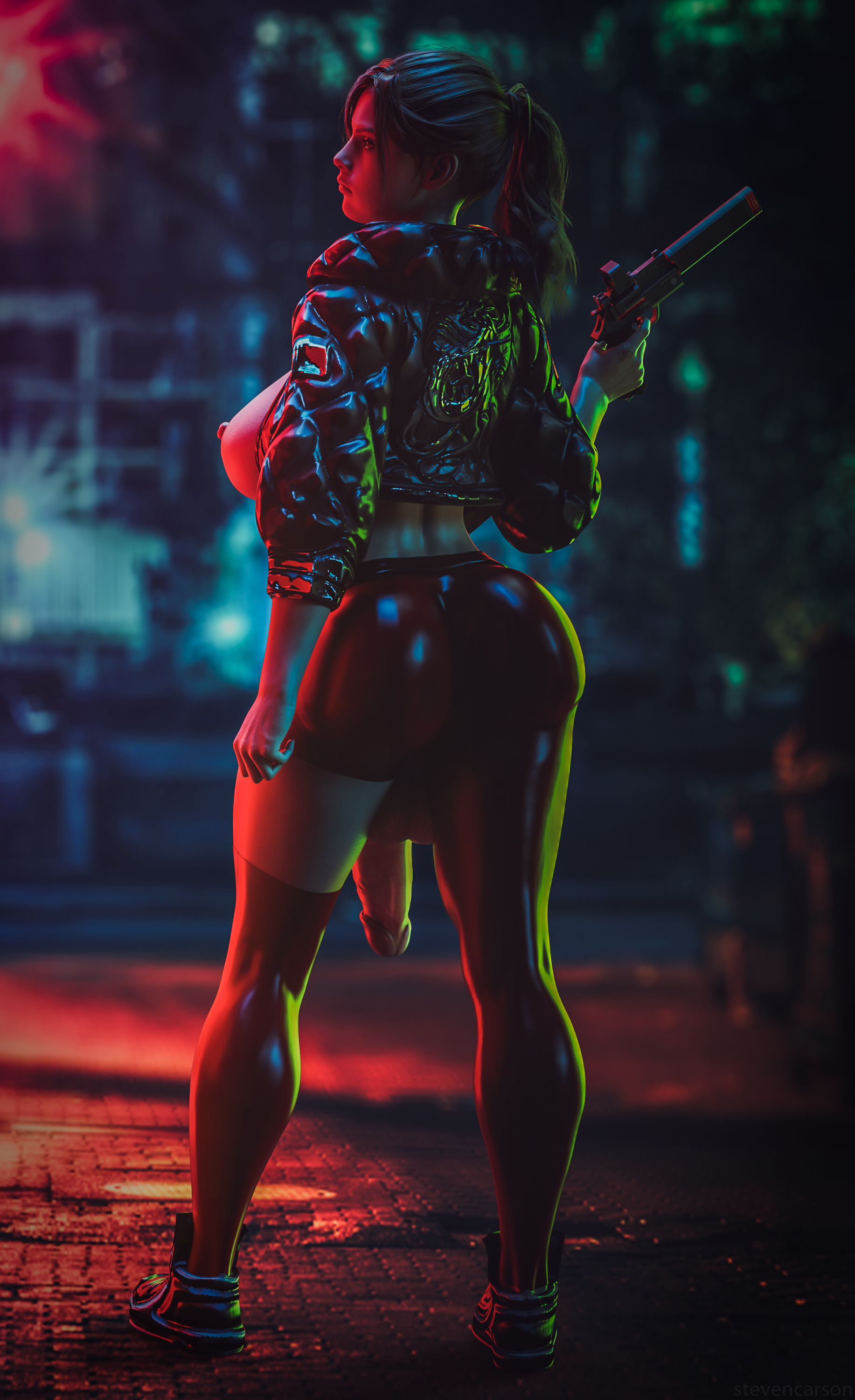 1futa, 3d, areolae, ass, backsack, balls, ballsack, breasts, casual, casual exposure, casual nudity, claire redfield, curvy, erect nipples, firearm, flaccid, functionally nude, futa only, futa sans pussy, futanari, gun, handgun, holding object, huge breasts, huge penis, human, intersex, large ass, nipples, penis, penis out, realistic, resident evil, resident evil 2, revolver, solo, solo futa, spread legs, standing, stevencarson, taint, testicles, weapon, wide hips