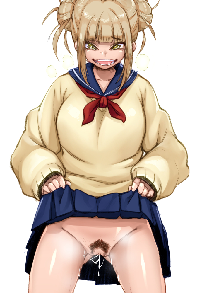 1girls, bottomless, bottomless skirt, breasts, female, female pubic hair, himiko toga, konakona, my hero academia, pubic hair, pussy, pussy juice, shounen jump, solo, tagme