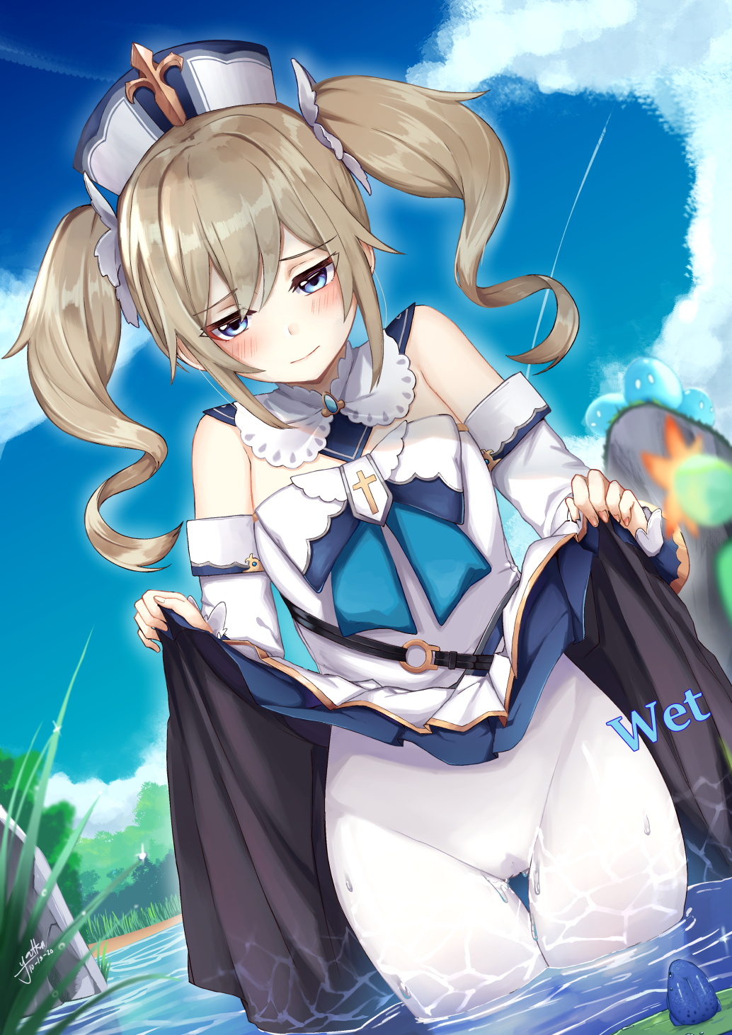 barbara (genshin impact), blue eyes, blue frog, blush, clothed, clothed female, detached sleeves, dress lift, embarrassed, female, female focus, female only, genshin impact, legs, nun, pantyhose, solo, solo female, twintails, water, wet, wet clothes