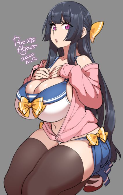 1girls, big breasts, black hair, breasts, cleavage, female, female only, large breasts, lowres, purple eyes, ryo agawa, solo, thighhighs