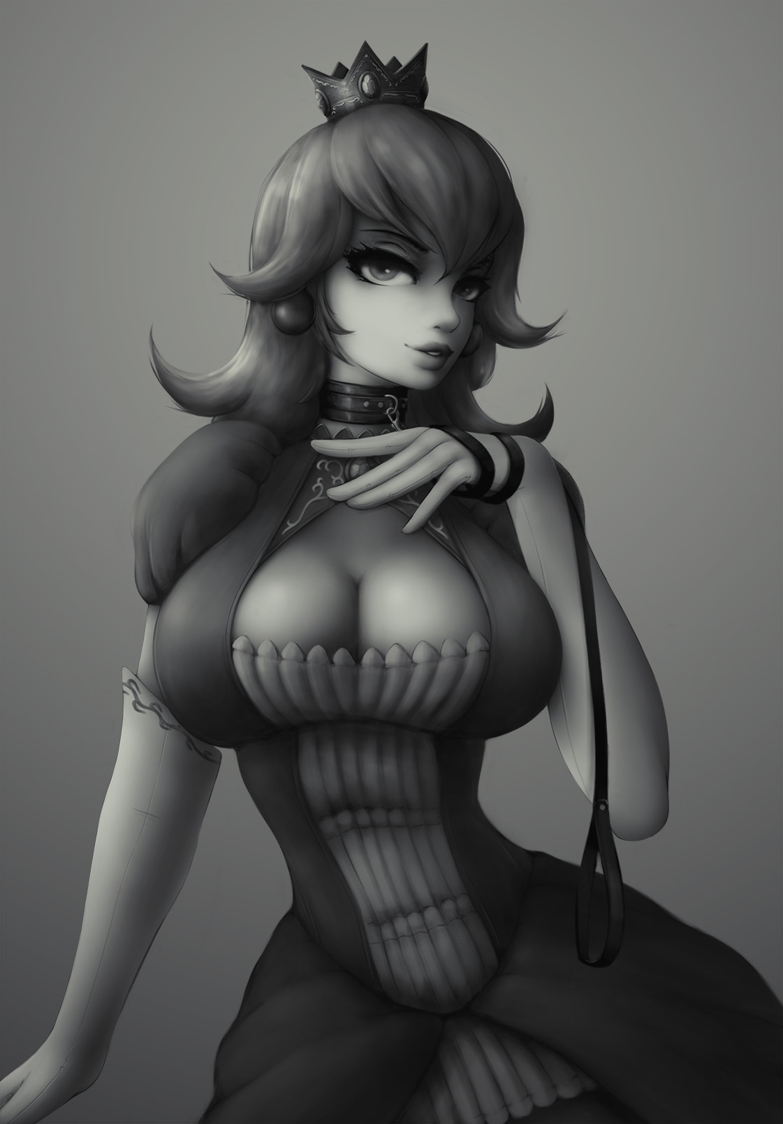 1girls, big breasts, black and white, breasts, cleavage, clothed, clothing, collar, dress, female, female only, femsub, grey background, greyscale, impracticalart, large breasts, leash, looking at viewer, mario (series), monochrome, nintendo, princess peach, simple background, solo, standing
