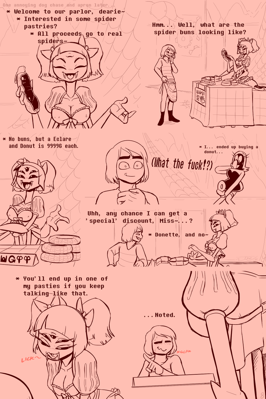 6_arms comic dounette_(under(her)tail) english_text fangs female food frisk frisky_(under(her)tail) licking_lips male monster monster_girl muffet page_8 text thewill under(her)tail undertale undertale_fanfiction