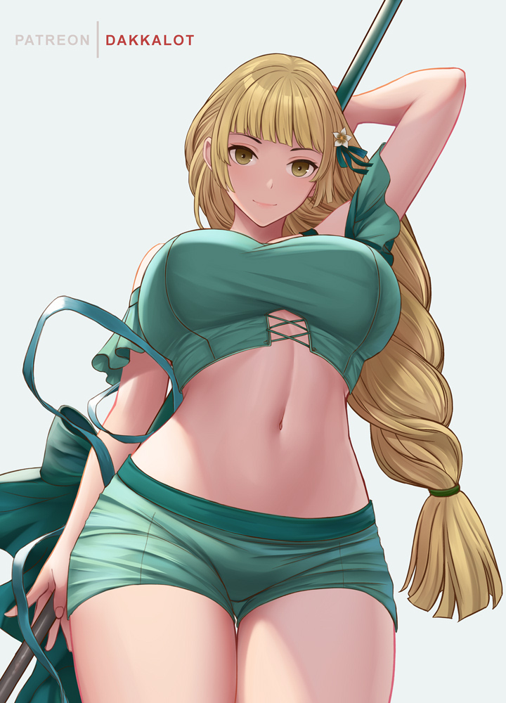 1girls bare_legs bikini blonde_hair braid braided_ponytail breasts dakkalot female fire_emblem fire_emblem:_three_houses fire_emblem_heroes green_bikini green_swimsuit huge_breasts ingrid_brandl_galatea ingrid_brandl_galatea_(summer) lance large_breasts long_hair looking_at_viewer looking_down midriff nintendo polearm smile swimsuit thighs upshot weapon