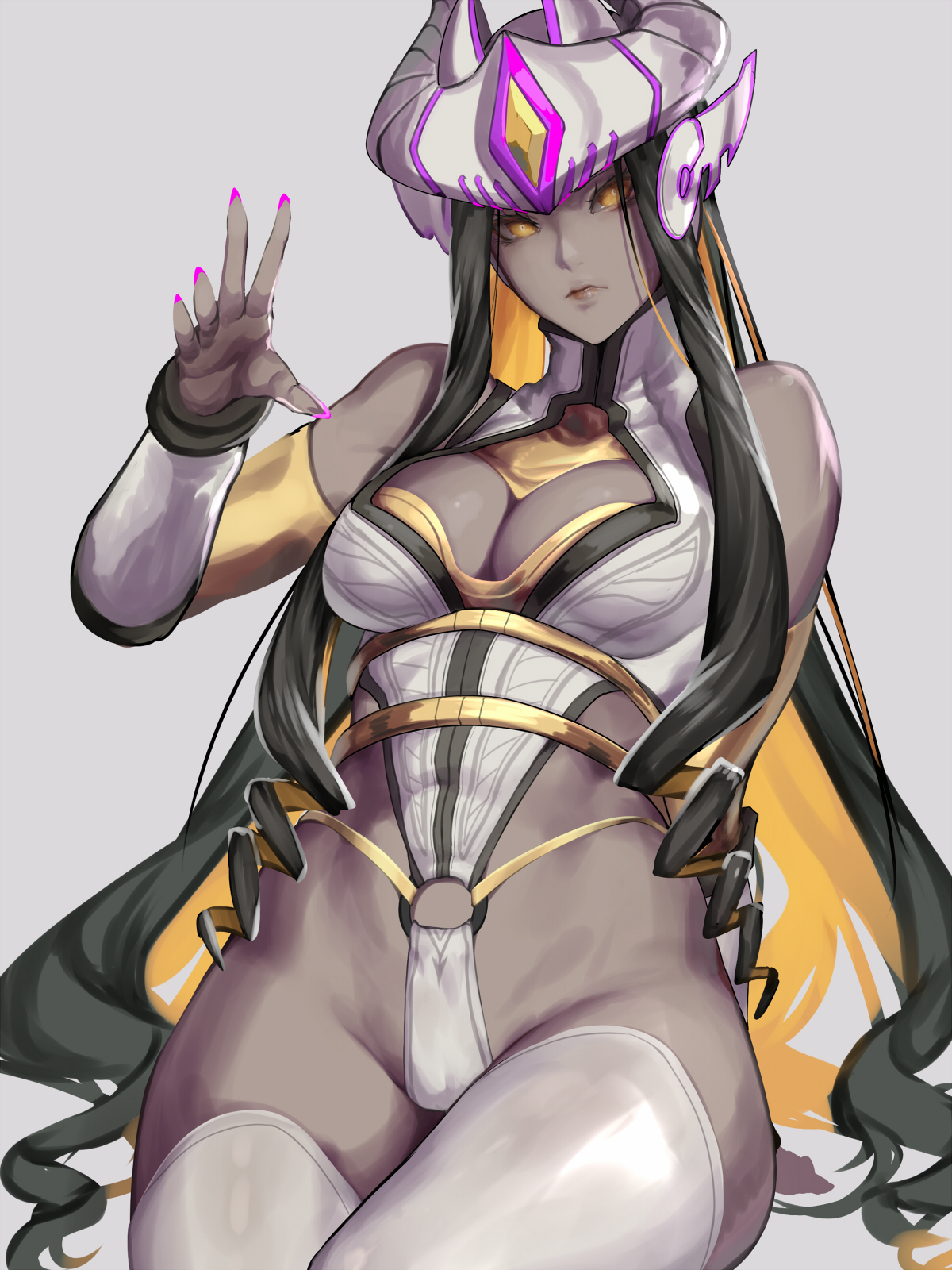 alternate color, black hair, brown skin, dark skin, dark-skinned female, female, gold eyes, kumiko (aleron), league of legends, long hair, syndra, tagme, thighhighs, very long hair, white legwear, white thighhighs, yellow eyes