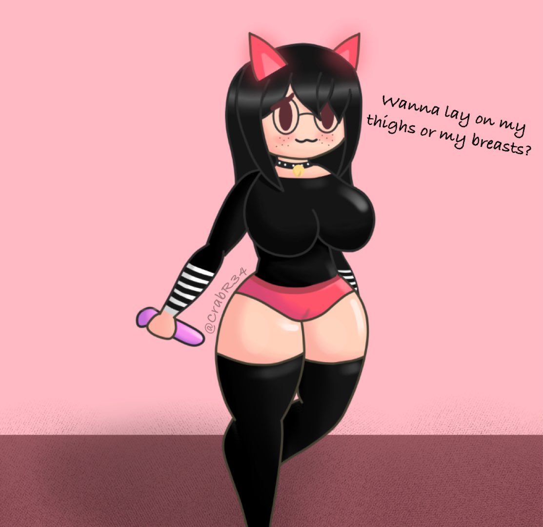 :3, 1girls, 2d, artist name, big breasts, black eyes, black glasses, black hair, black legwear, black shirt, black sleeves, black thighhighs, blush, breasts, cat collar, cat ears, clothed, clothed female, collar, crabr34, dialogue, dildo, english text, female, female only, freckles, glasses, legwear, light skin, light-skinned female, long hair, long sleeves, pale skin, pale-skinned female, panties, pink background, red ears, red panties, request, roblox, roblox avatar, shirt, simple background, sleeves, solo, solo female, standing, striped sleeves, text, thick thighs, thighhighs, thighs, twitter username