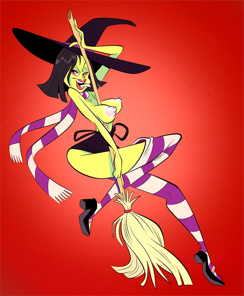 banjo-kazooie black_hair breasts broomstick female game_over_gruntilda green_skin gruntilda long_socks looking_at_viewer nipples red_eyes scarf solo themrock tongue tongue_out witch witch_hat