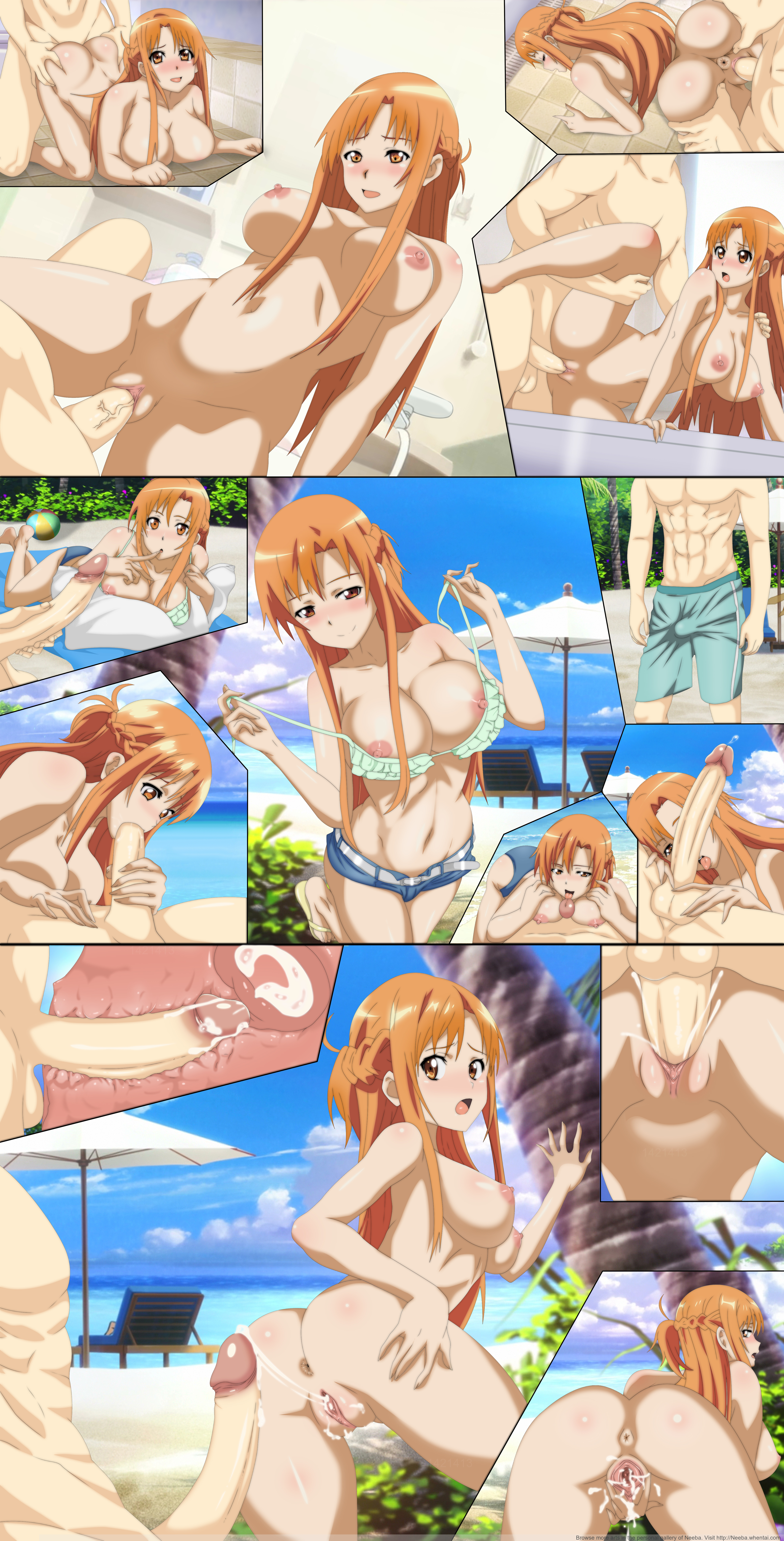 1boy, 1girls, ass, beach, blowjob, breasts, cowgirl position, cum, cum in pussy, cum inside, cum on breasts, doggy style, fellatio, female, huge breasts, huge cock, linea alba, male, neeba, orange hair, orange-haired female, paizuri, penis, pussy, riding, spread anus, spread ass, spread legs, spreading, sword art online, titjob, vaginal penetration, whentai, x-ray, yuuki asuna