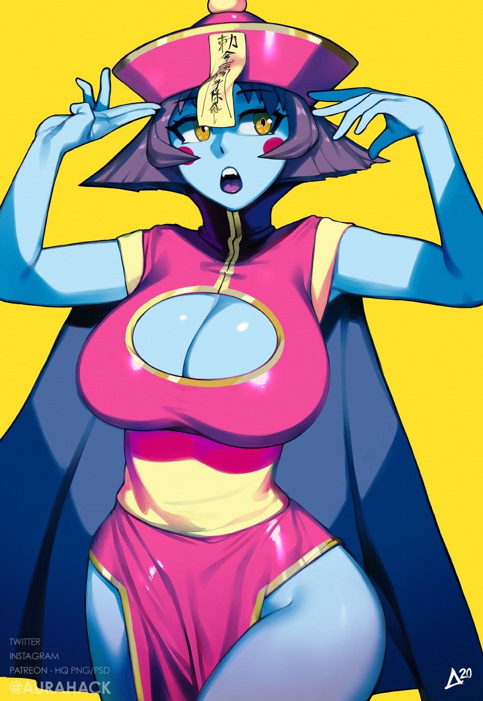 1girls, aurahack, big breasts, breasts, cleavage, clothing, darkstalkers, dress, female, female only, hsien ko, jiangshi, large breasts, lei lei, lei-lei, solo, thick thighs, wide hips