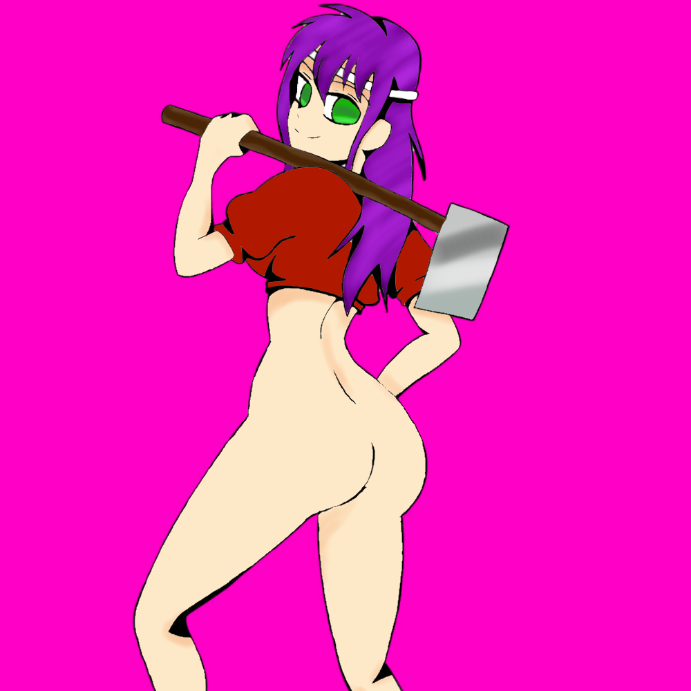 1girls anemix el_diario_de_jonathan female green_eyes headband holding_object long_hair purple_hair samantha_cortez showing_ass solo solo_female weapon