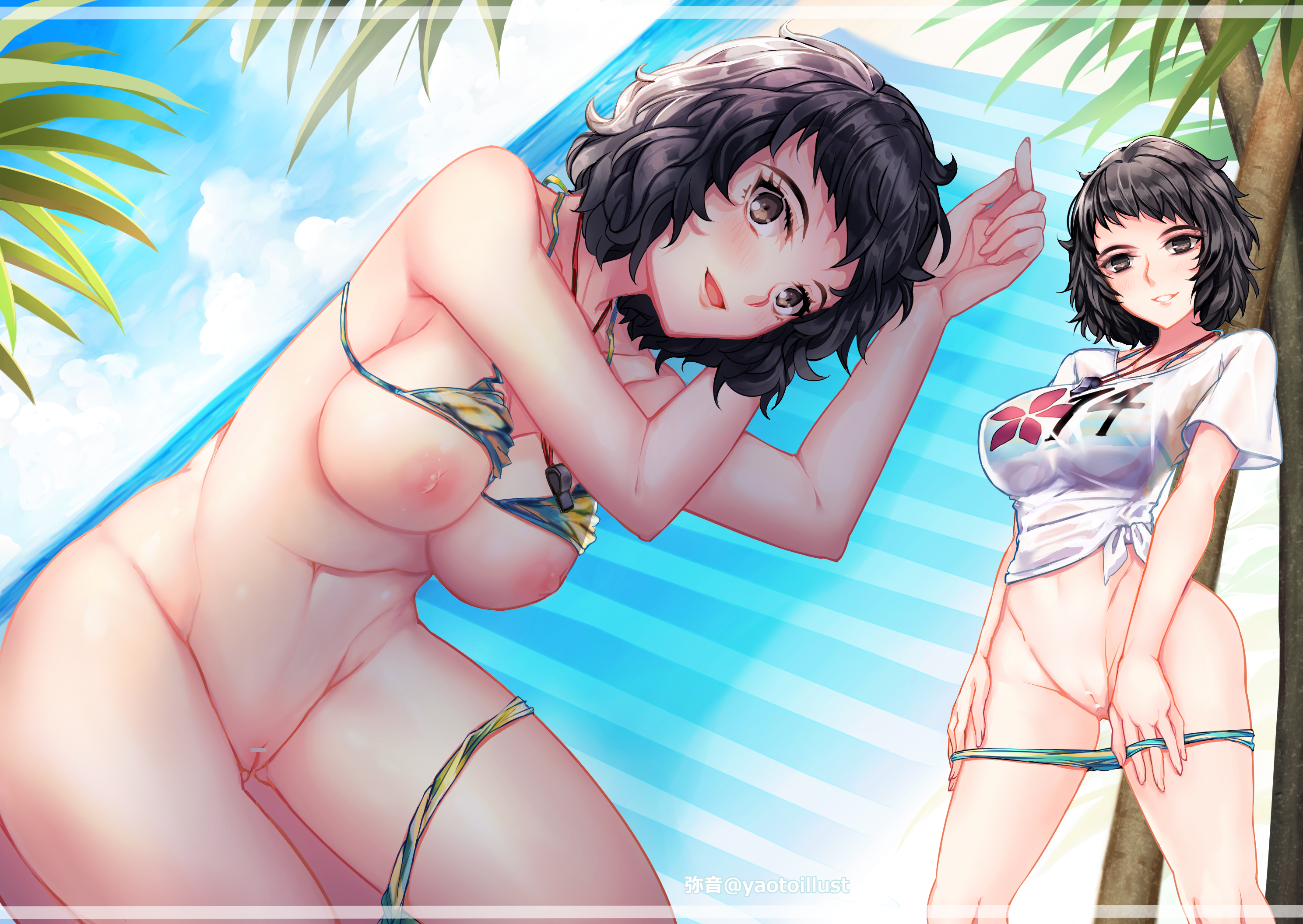1girls, abs, beach, bikini, breasts, brown hair, female, large breasts, persona, persona 5, pussy, sadayo kawakami, sadayo kawakami (swimsuit), shirt, smile, swimsuit, swimwear, thick thighs, vagina, wet shirt, yaoto