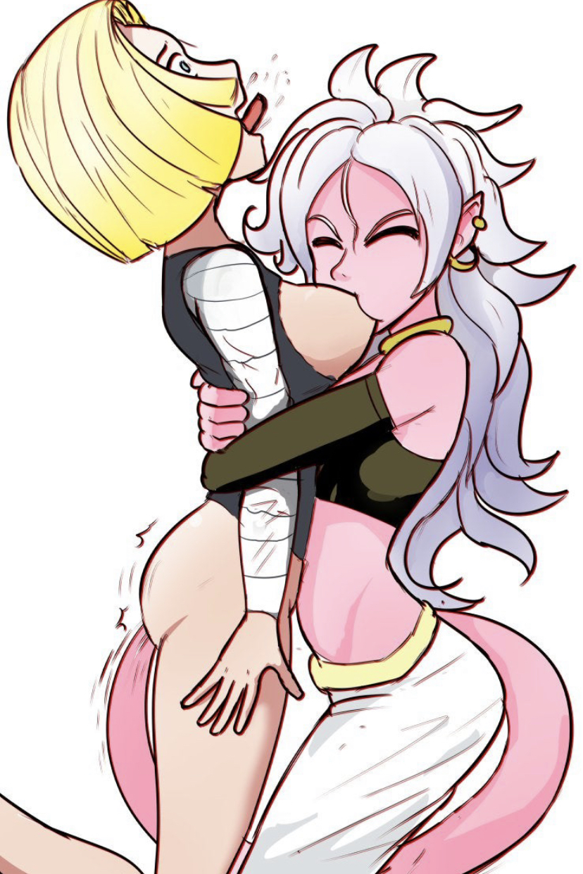 2010s, 2girls, anal, anal penetration, android 18, android 21, black sclera, bottomless, breast sucking, breasts, clothed, clothed sex, dark persona, dragon ball, dragon ball fighterz, dragon ball z, female, female only, humanoid, long hair, majin, majin android 21, monster girl, multiple females, multiple girls, penetration, pink skin, pointy ears, red eyes, ripped clothing, short hair, tail, tail penetrating, tail sex, tongue, tongue out, white hair, yuri