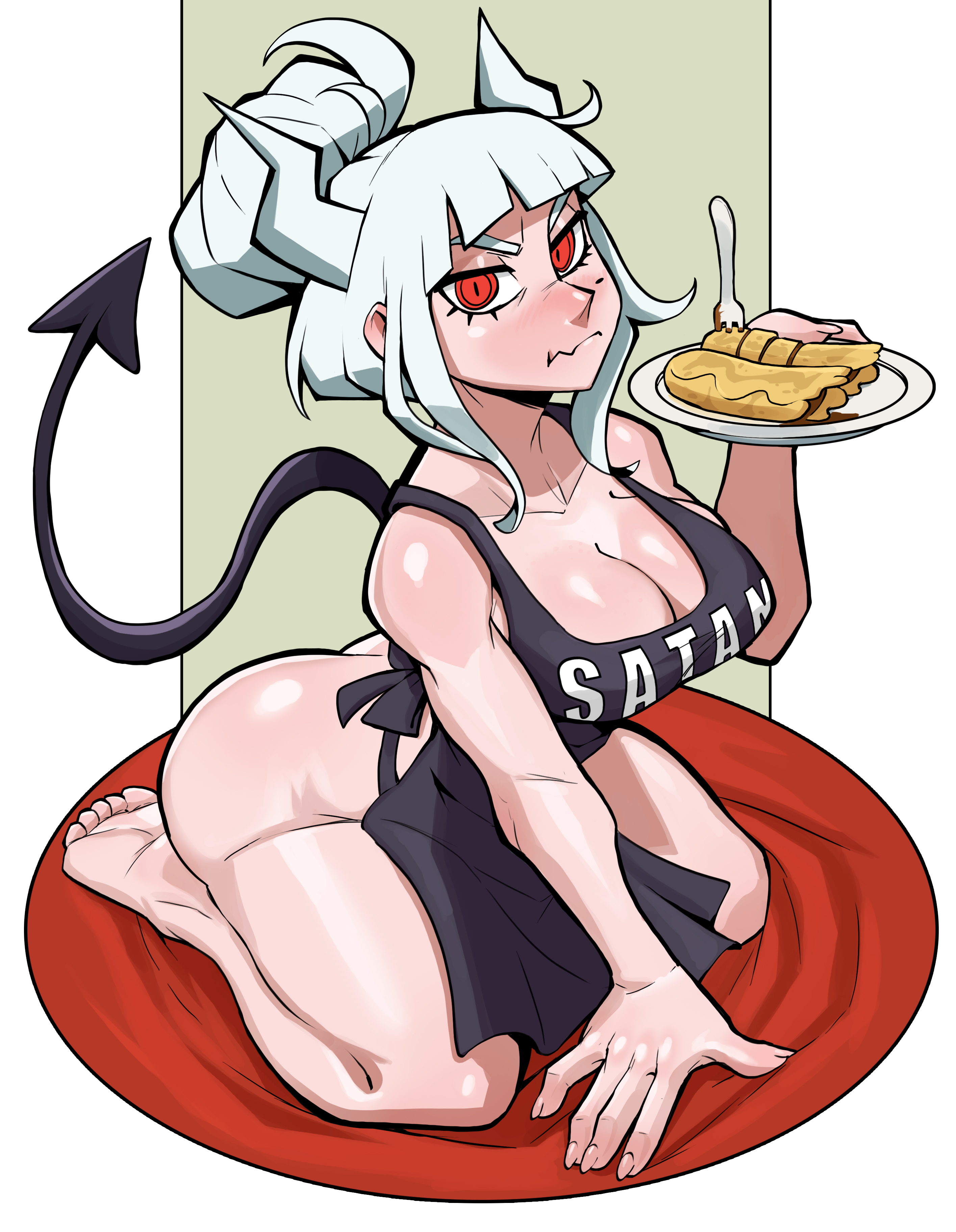 1girls, apron, ass, blush, ceehaz, demon, demon girl, demon horns, demon tail, female, helltaker, horns, kneeling, lucifer (helltaker), red eyes, solo, tail, white hair