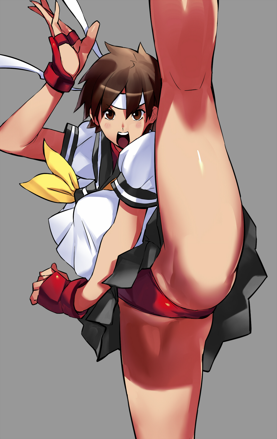 1girls action_pose blush brown_hair capcom determined fighting_gloves flexible high_kick kicking leg_lift legs_up panties sakura_kasugano school_uniform shibusun short_hair solo splits street_fighter stretching tomboy upskirt vertical_splits