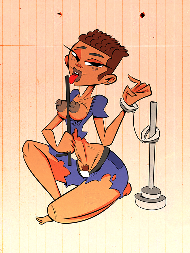 baton big_breasts breasts female freckles half-closed_eyes handcuffs licking looking_at_viewer nipples pole pubic_hair ripped_clothing sanders_(tdi) solo the_ridonculous_race themrock tongue tongue_out total_drama_island