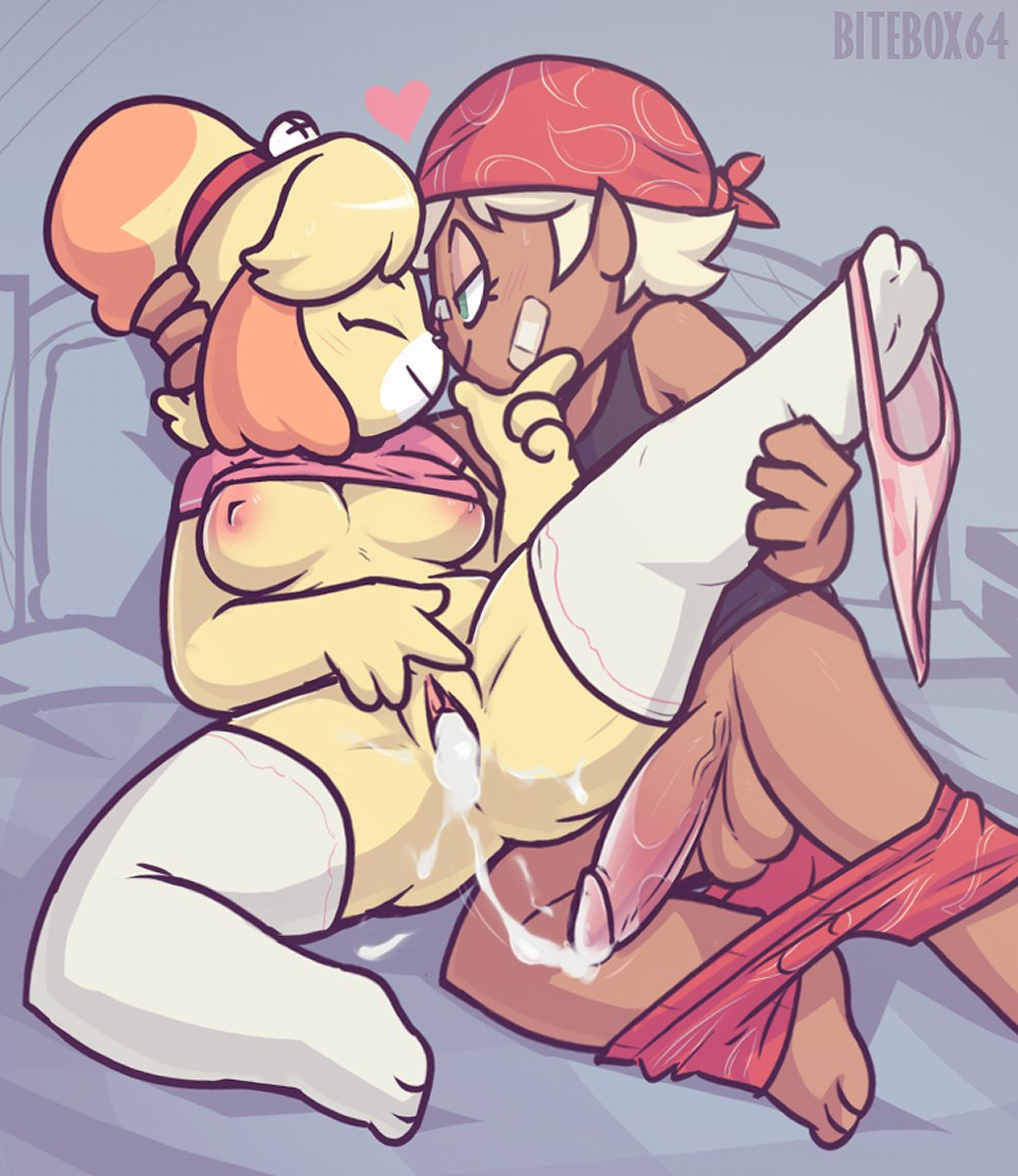 1boy, 1girls, 2020, after sex, after vaginal, animal crossing, anthro, bandaid, bandana, bed, bedroom, big penis, bitebox64, blush, bottomless, breasts, canine, closed eyes, clothing, cum, cum in pussy, cum inside, cute, female, furry, hand on head, human, isabelle (animal crossing), laying down, long socks, looking at another, male, mammal, nintendo, panties, panties around leg, penis, pussy, socks, spread legs, spreading, thighhighs, villager (animal crossing), wholesome, yellow body, yellow fur