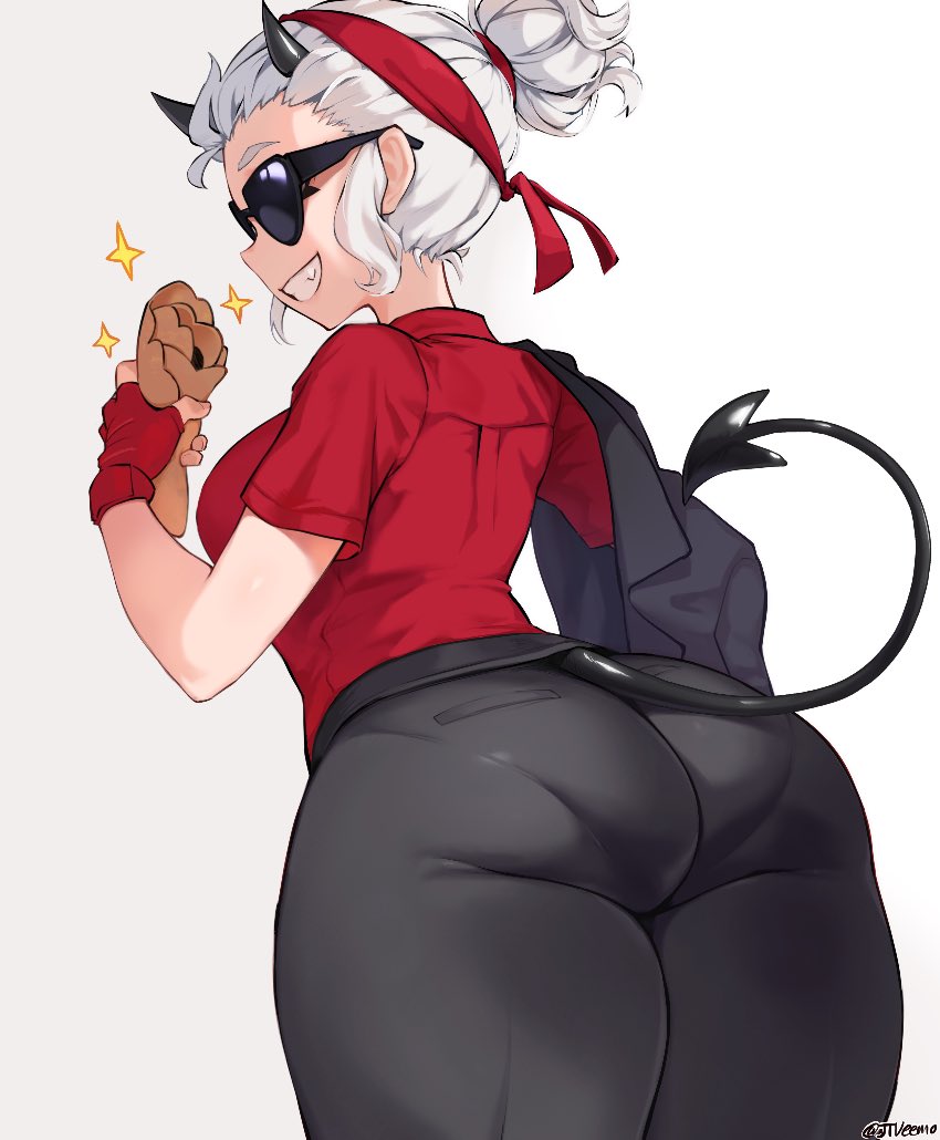 1girls, ass, big ass, female, female only, helltaker, jtveemo, justice (helltaker), looking back, pantylines, sunglasses, thick thighs, tinted eyewear, tomboy, wide hips