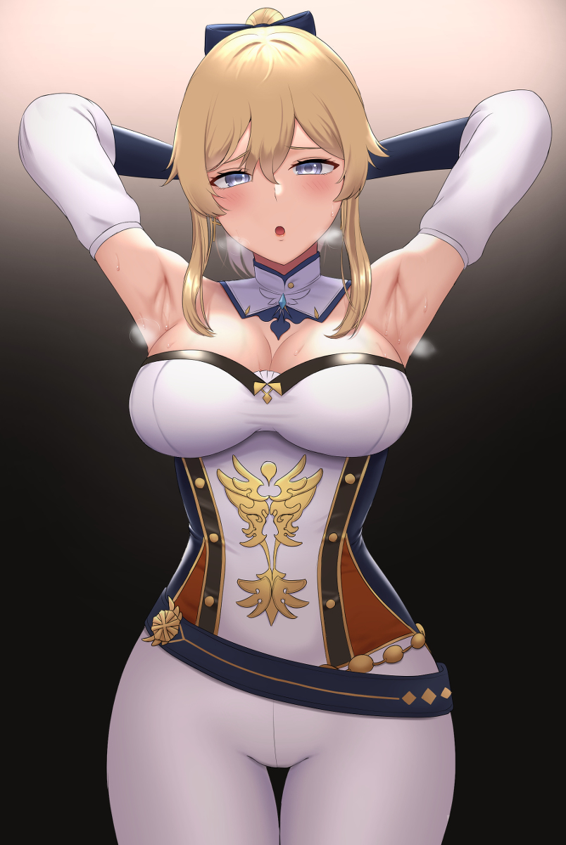 armpits, arms behind head, breasts, breath, clothed, clothed female, detached sleeves, female, female focus, female only, genshin impact, grey eyes, hairbow, jean gunnhildr, silver eyes, simple background, solo, solo female, sweat, thigh gap, white legwear, young