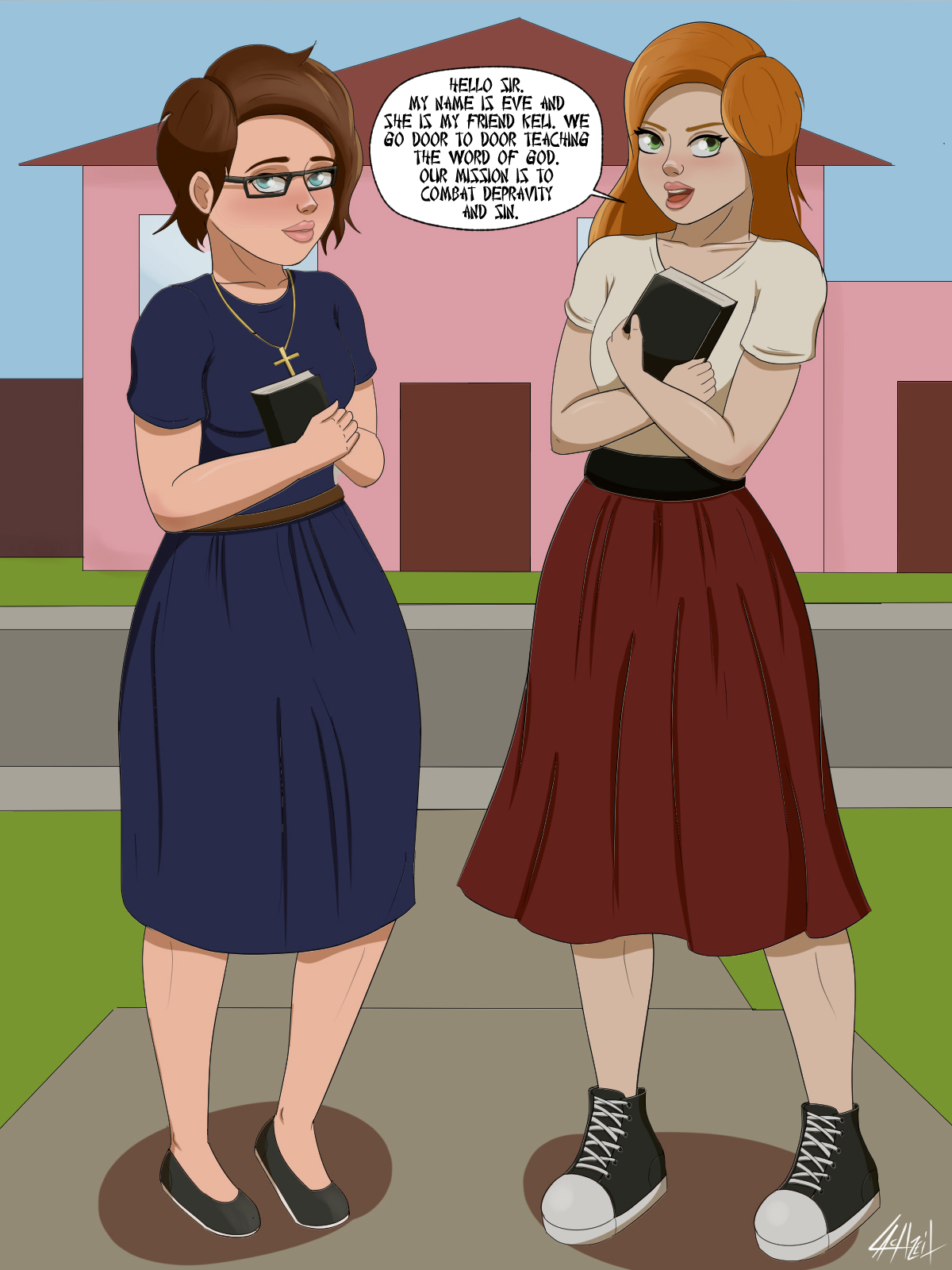 2020, 2girls, 3:4, artist signature, bible (object), blue dress, blue eyes, blue-eyed female, brown hair, brown-haired female, christianity, clothed female, converse, corruption, english dialogue, english text, eyewear, female, glasses, green eyes, green-eyed female, hentai foundry, lachzeit, light brown hair, light skin, light-skinned female, long brown hair, multiple females, multiple girls, page 1, red skirt, short brown hair, short hair, short-haired female, signature, straight hair, talking to viewer, teenager, text, white shirt