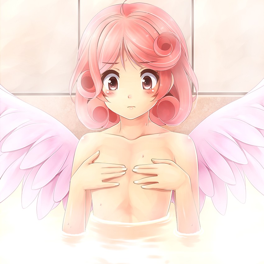 1girls angel_wings bare_shoulders bathing bathtub blush duel_monster female flat_chest frown holding_breast injection_fairy_lily komimiyako naked nude pink_eyes pink_hair shorts solo water wings yu-gi-oh!