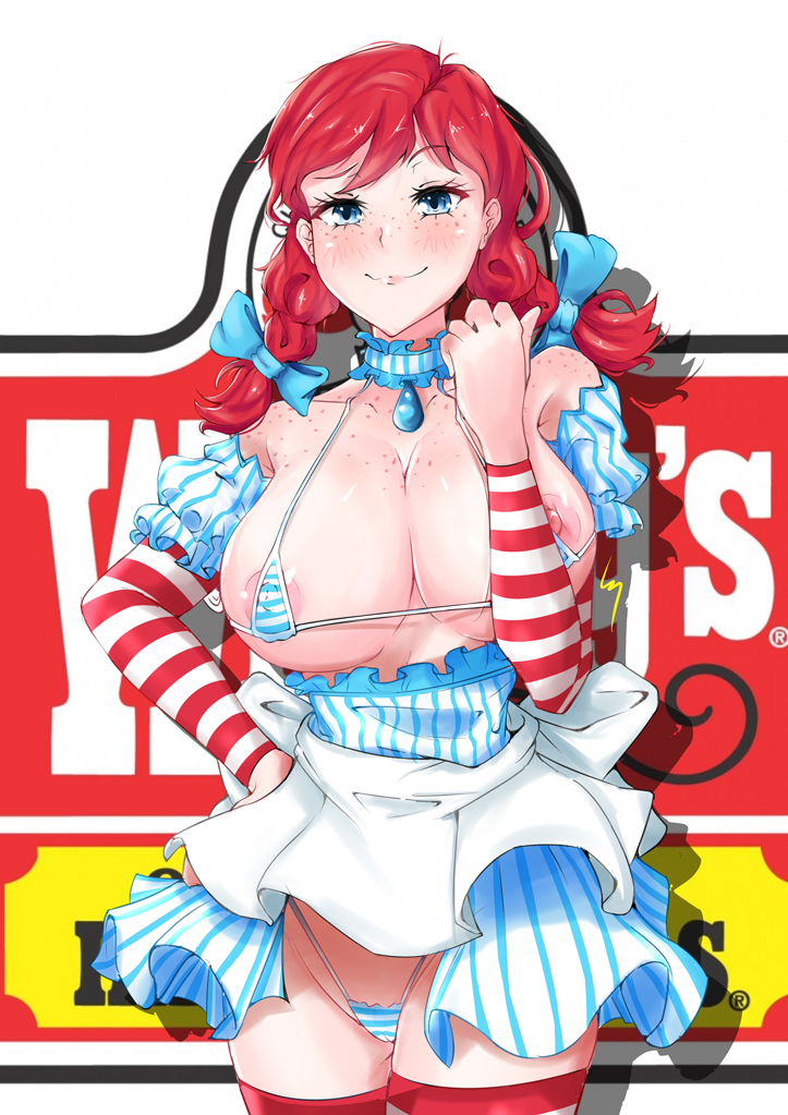 areolae, artist request, big breasts, breasts, busty, cameltoe, fast food, female, female focus, female only, hourglass figure, nipples, pussy, red hair, standing, suggestive look, tagme, thighhighs, wendy thomas, wendy's, wide hips