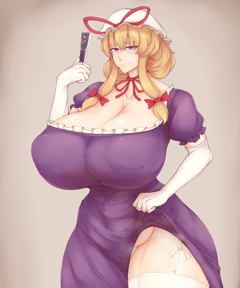 blonde hair, breasts, chubby, clothed, dress, dress lift, elun (meido), female, huge areolae, huge breasts, hyper, hyper breasts, looking at viewer, milf, muscular, muscular female, nipple bulge, ribbon, seductive, seductive look, seductive smile, sweat, touhou, white gloves, white lingerie, yukari yakumo