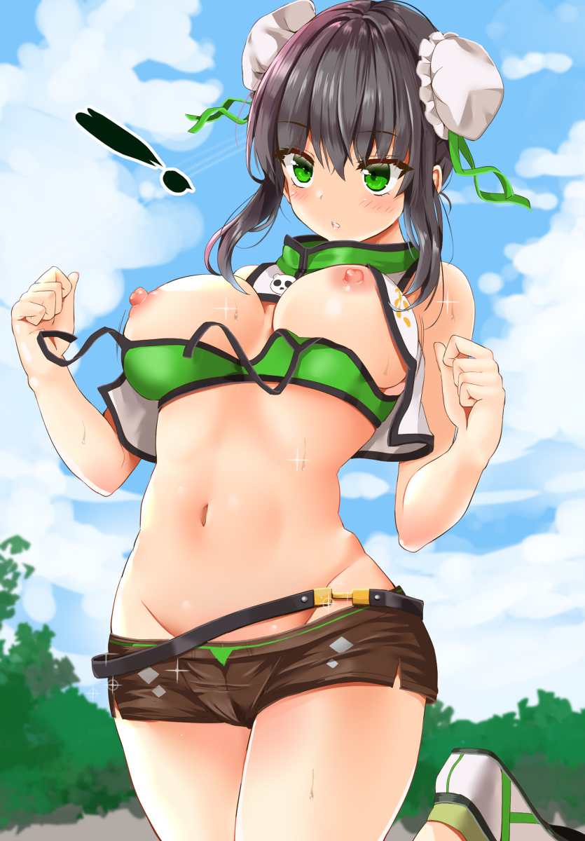 !, belt, big breasts, big nipples, black hair, breasts, bun cover, exposed breasts, fate (series), fate/grand order, female, green clothing, green eyes, hair buns, navel, nipples, outside, park, qin liangyu (fate), shorts, sky, sneakers, solo, wardrobe malfunction