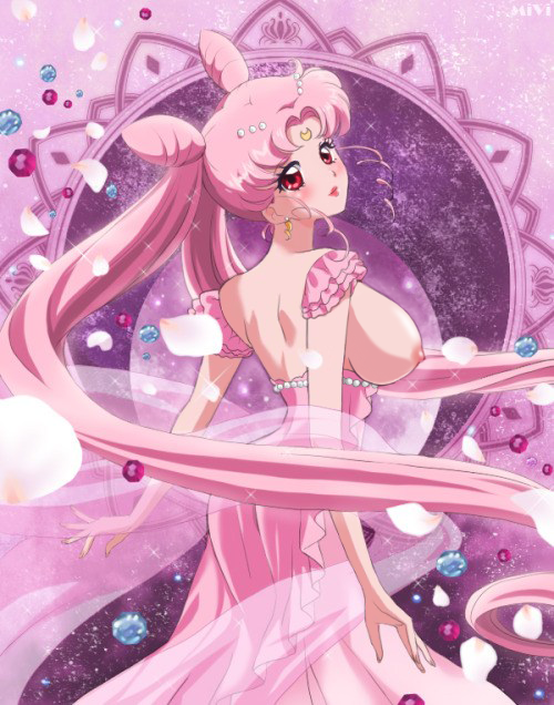 aged_up big_breasts bishoujo_senshi_sailor_moon breasts chibi_usa clothed clothing dress edit exposed_breasts female female_only large_breasts mivisdrawings nipples pink_hair princess_lady_serenity solo tagme twintails