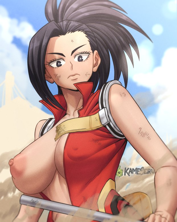 1girls, black eyes, black hair, black-haired female, breast outside, breasts, breasts out, exposed breasts, female, hero outfit (mha), human, human female, kameseru, large breasts, leotard, light-skinned female, long hair, looking at viewer, looking down, momo yaoyorozu, momo yaoyorozu (hero outfit), my hero academia, one breast out, slim waist, solo, superheroine, wide hips