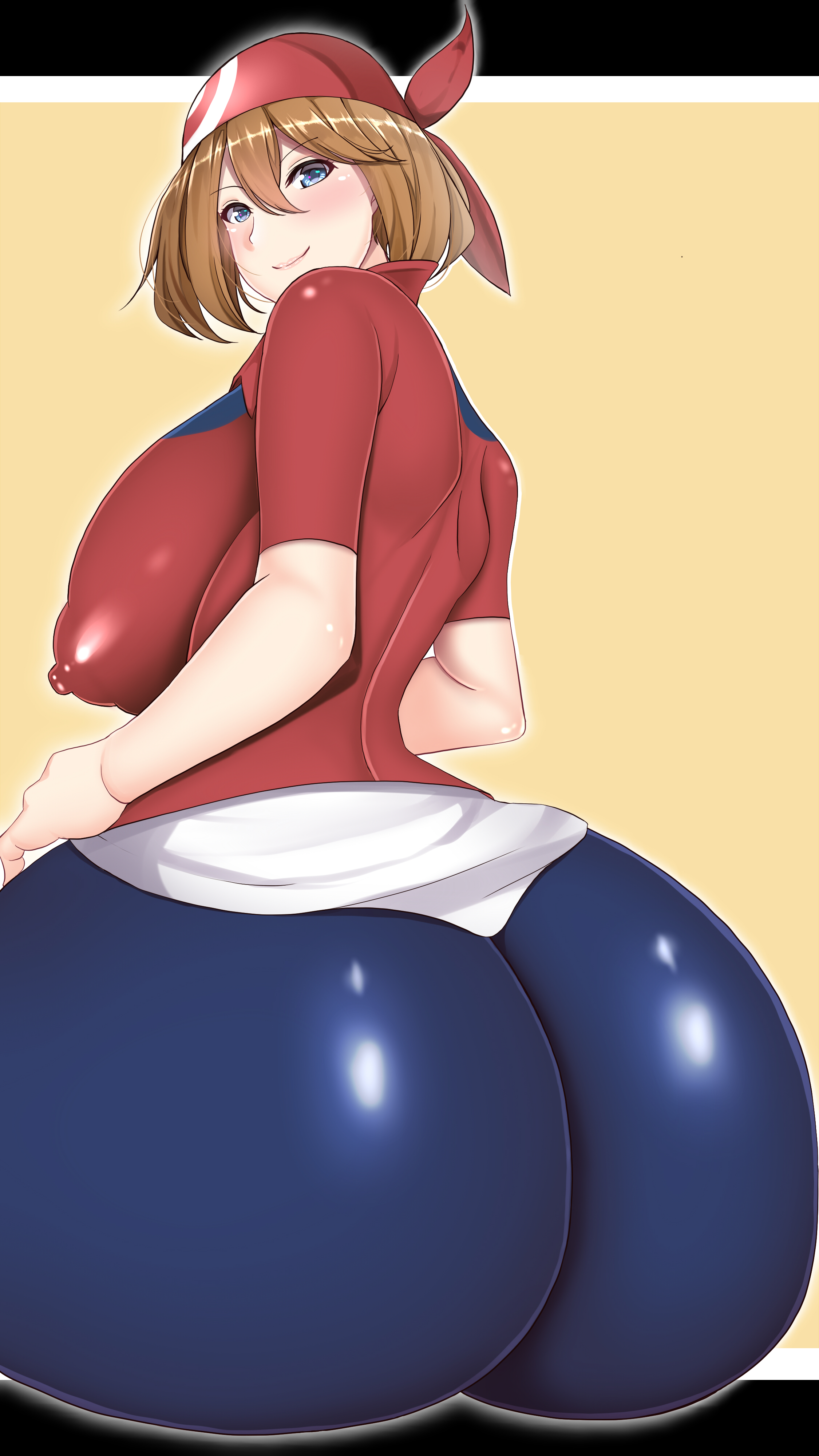 1girls, ass, bandana, big ass, big breasts, big butt, blue eyes, blush, bottom heavy, breasts, brown hair, bubble ass, bubble butt, clothed, clothed female, erect nipples under clothes, eye contact, fat ass, female, female only, fully clothed, huge ass, human, jpeg, large ass, large breasts, looking at viewer, looking back, massive ass, may (pokemon), medium hair, nintendo, pokemon, pokemon rse, shorts, simple background, smile, solo, solo female, spandex shorts, thick ass, tight clothing, yeneisha