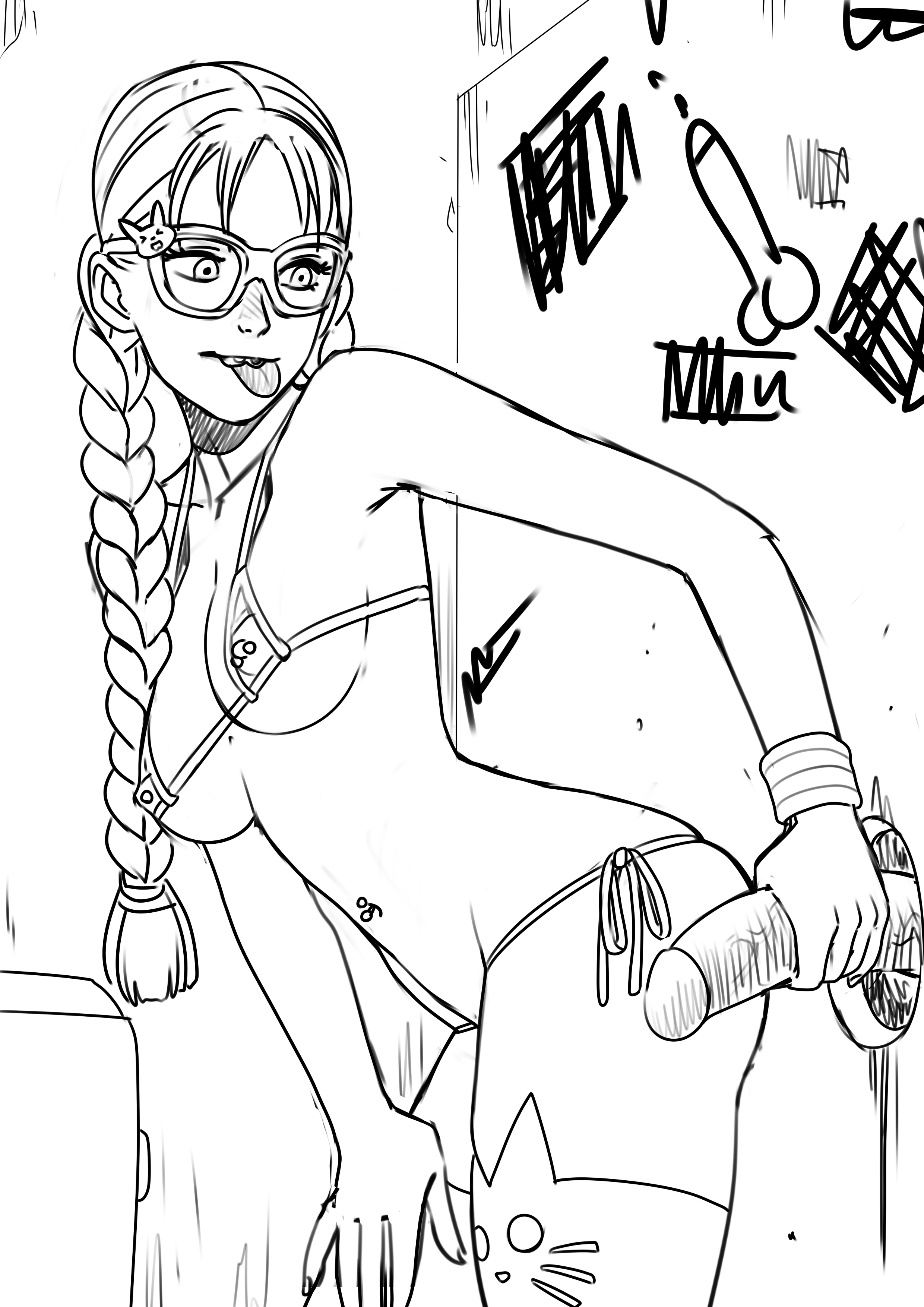 1boy, 1girls, anna (tekuho), bikini, bimbo, braids, breasts, cat lingerie, cute, female, glasses, glory hole, grabbing penis, handjob, line art, looking back, male, micro bikini, nerd, nipple piercing, nipples, original, penis, piercing, teenager, tekuho, thighhighs, tongue, tongue out, twin braids