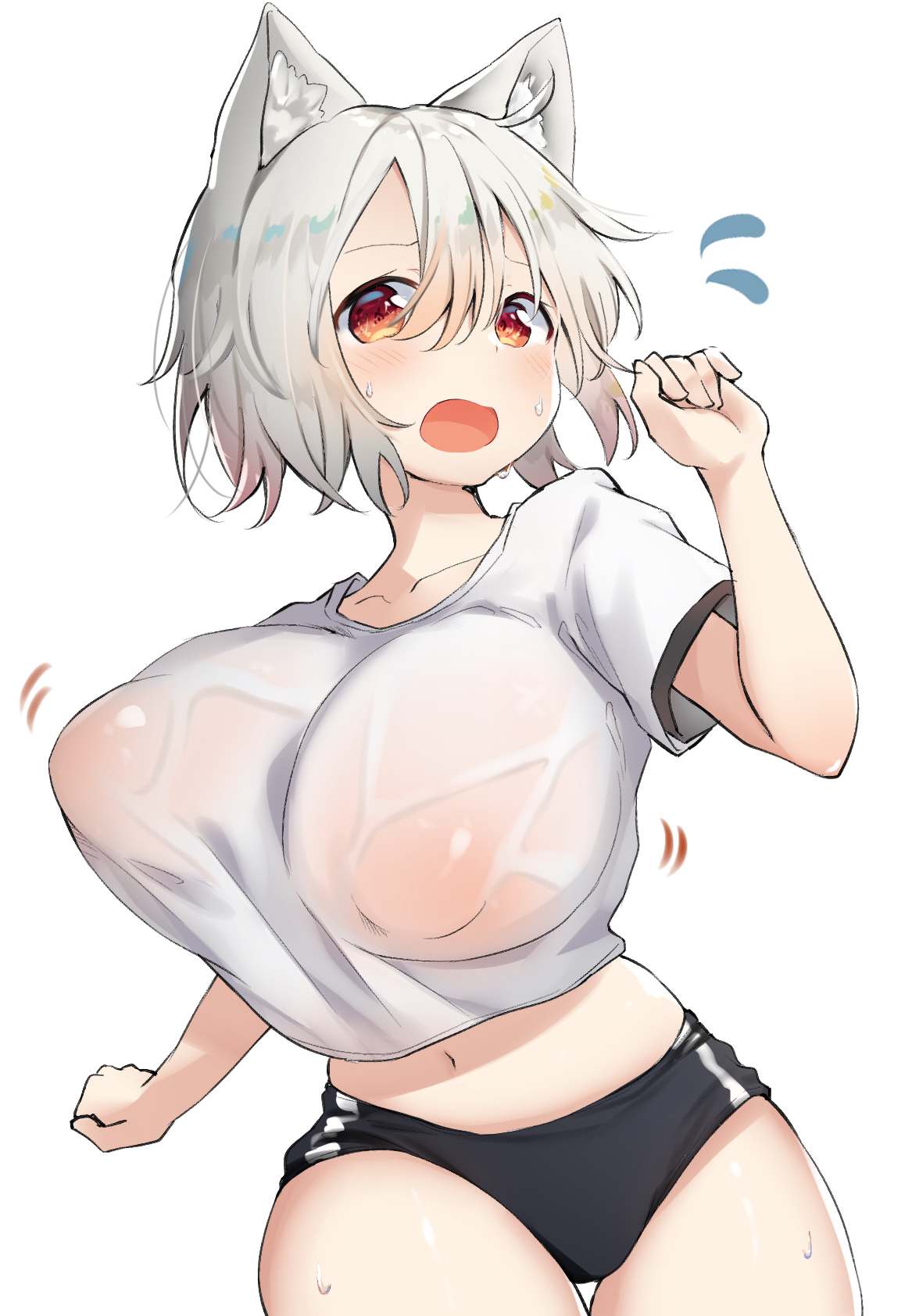1girls, alternate costume, animal ears, bouncing breasts, breasts, buruma, female, flying sweatdrops, gym uniform, large breasts, mamemochi, midriff, momiji inubashiri, navel, no bra, open mouth, orange eyes, puffy nipples, see-through, shirt, short hair, simple background, solo, sweat, touhou, wet, wet clothes, wet shirt, white background, white hair, white shirt, wolf ears