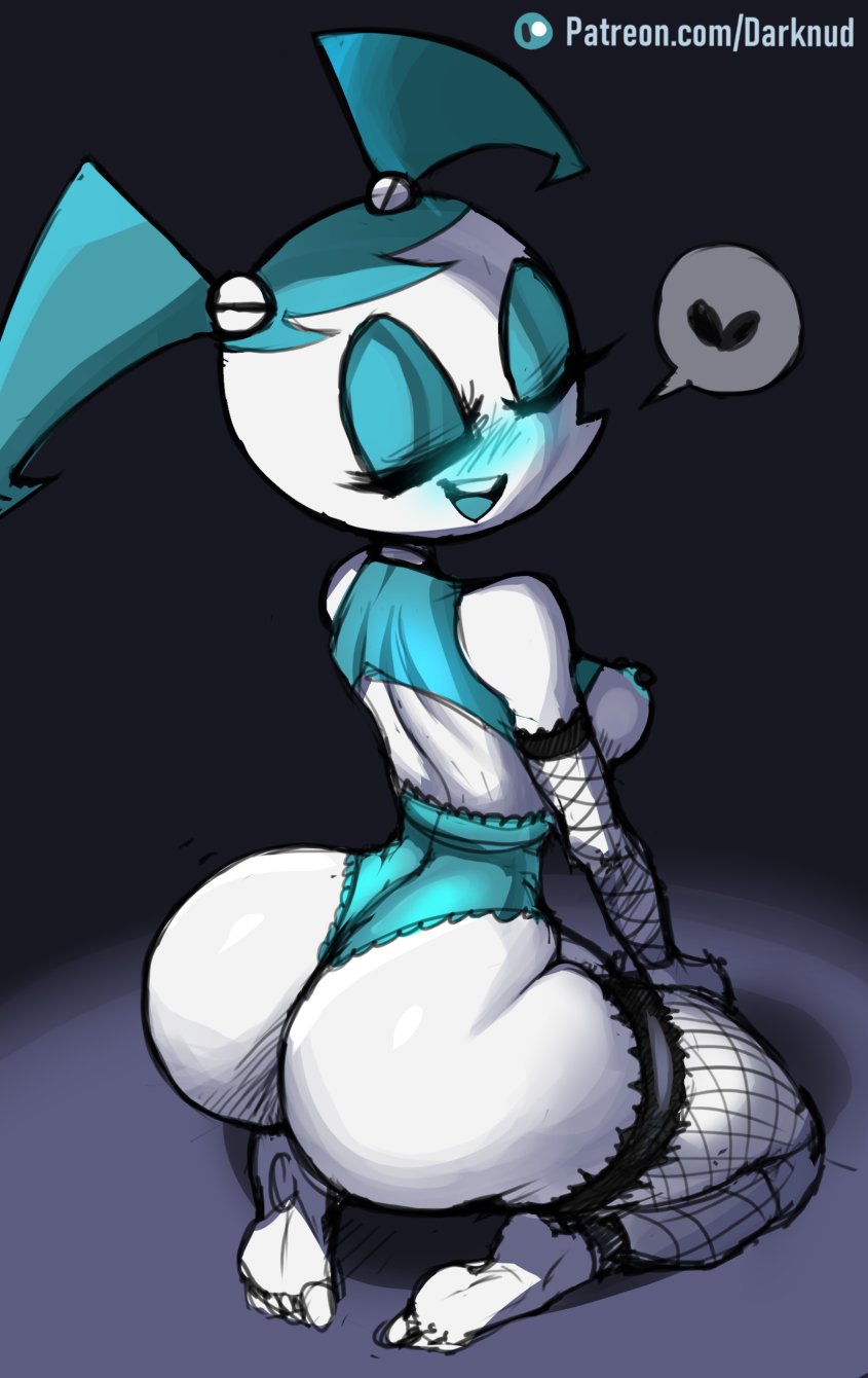 1girls, 2020, areolae, ass, big ass, black background, blue hair, blush, breasts, darknud, eyes closed, feet, female, female focus, female only, jenny wakeman, my life as a teenage robot, nickelodeon, nipples, robot, robot girl, solo, white body, xj-9