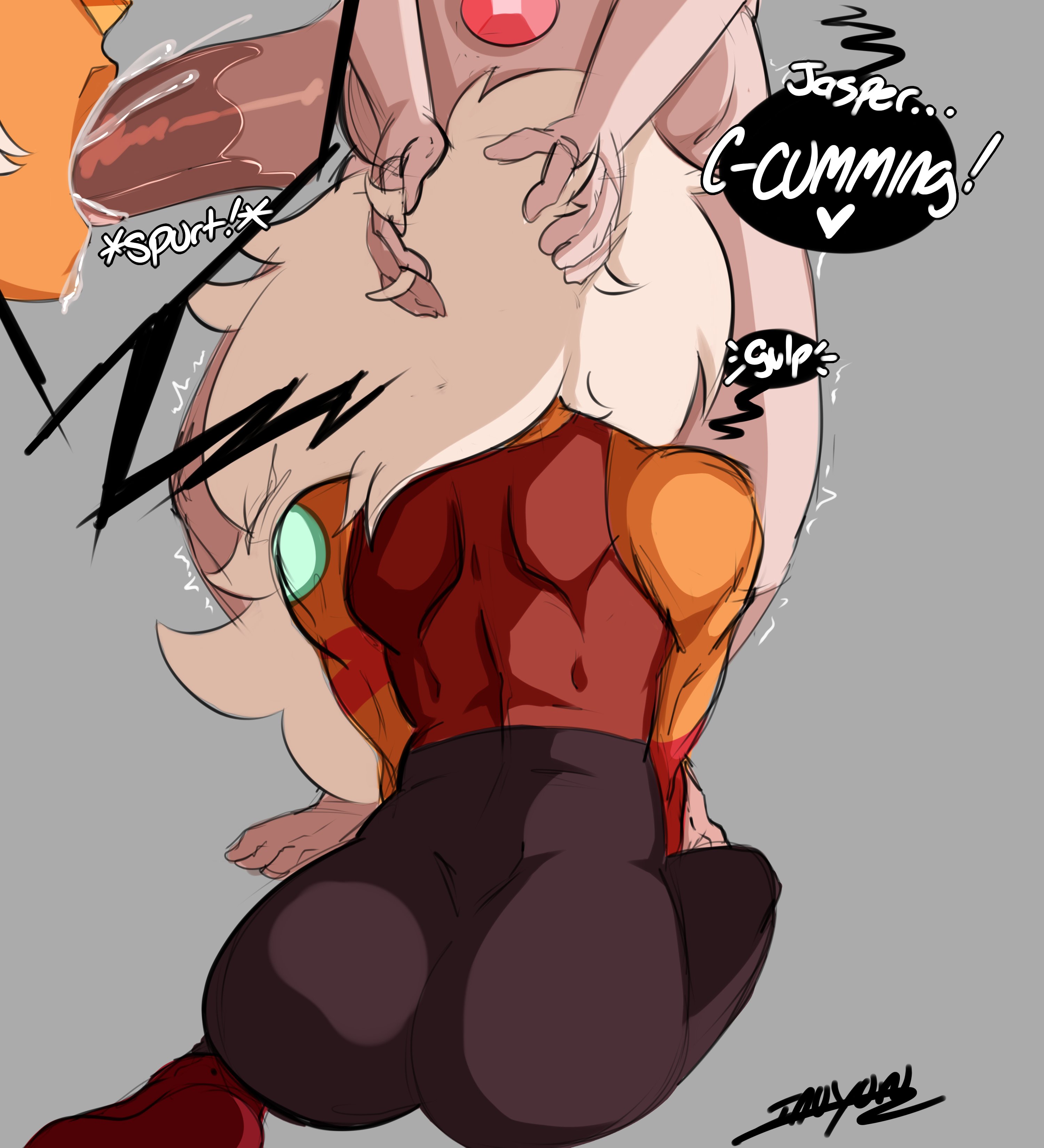 1boy, 1girls, ass, cartoon network, cum in mouth, cum in throat, deepthroat, deepthroat holder, fellatio, female, gem (species), gulp, hands on head, implied fellatio, implied oral, inuyuru, jasper (steven universe), kneeling, male, muscular, muscular female, no gag reflex, oral, penis, petite, seductive look, steven quartz universe, steven universe, swallowing, swallowing penis while deepthroat, tagme, throat fuck, unseen male face