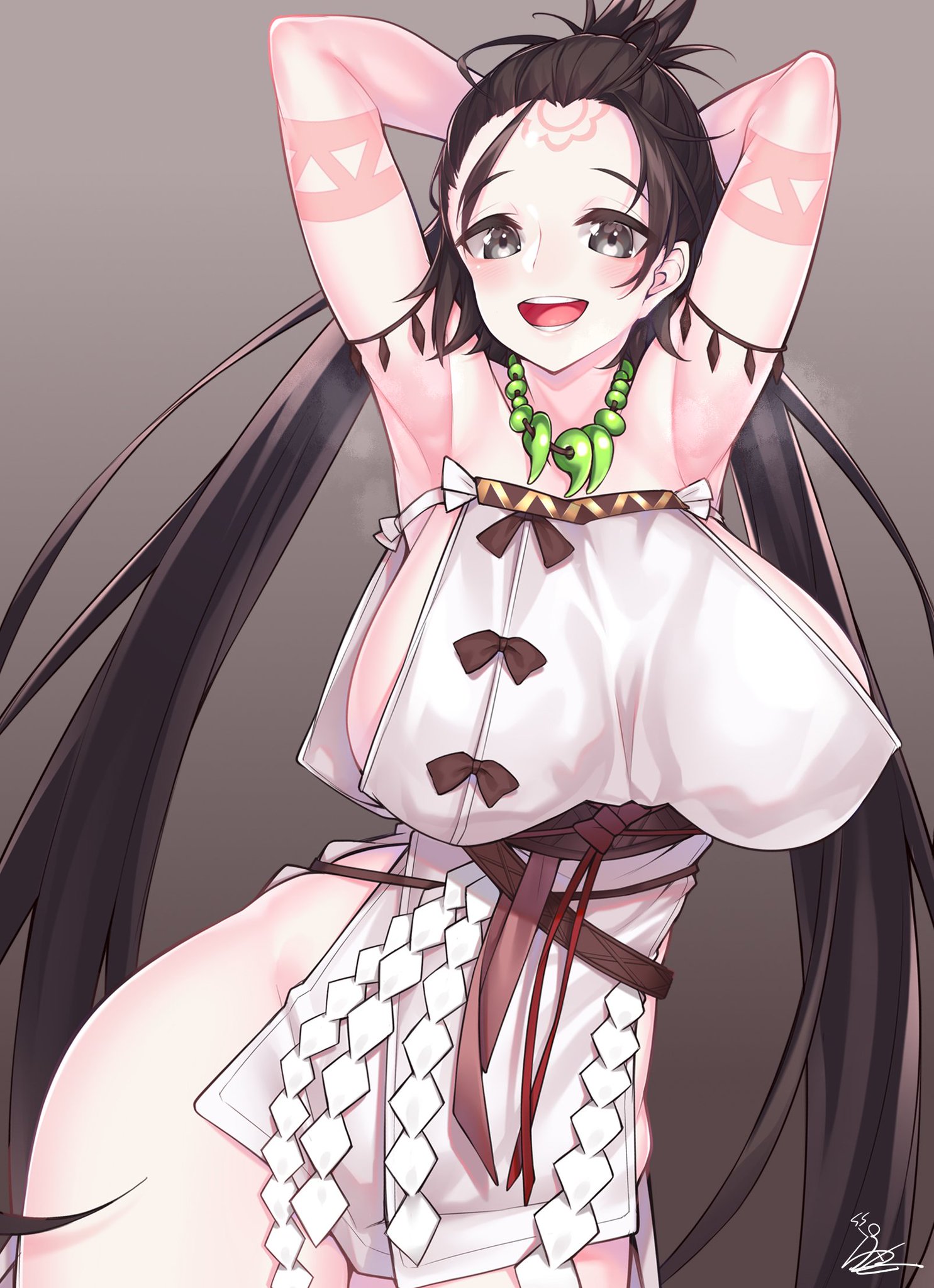armpits, arms behind head, arms up, big breasts, body markings, breasts, curvy, dark hair, fate (series), fate/grand order, female, forehead, grey eyes, himiko (fate), huge breasts, light skin, light-skinned female, looking at viewer, necklace, pale skin, pale-skinned female, sideboob, watosu (watosu mama), wide hips