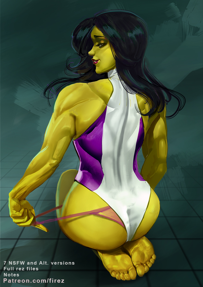 1girls, ass, back muscles, barefoot, big ass, feet, female, female only, firez, green hair, green skin, hulk (series), leotard, looking at viewer, looking back, marvel, marvel comics, muscles, muscular, muscular female, on knees, painting (artwork), panties, pulling panties, rear view, she-hulk, solo, toes
